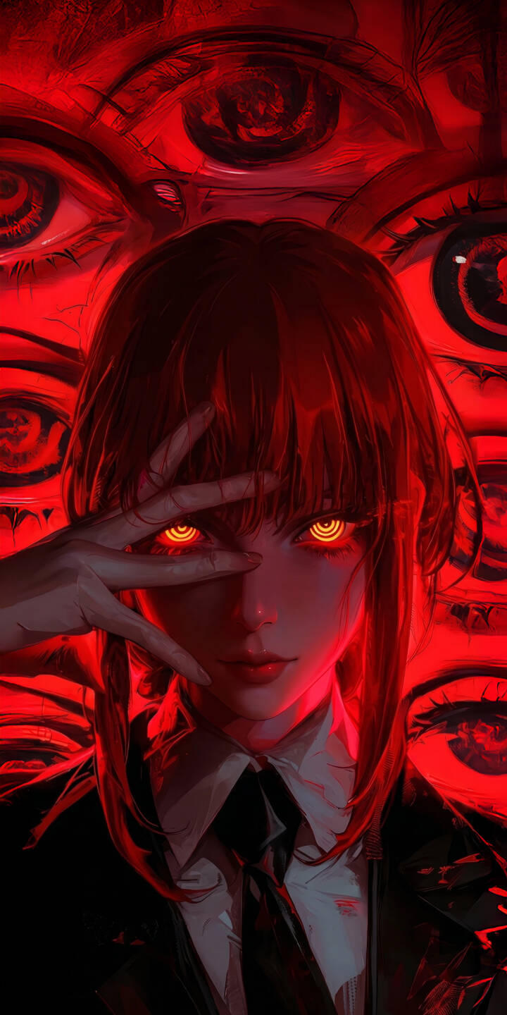 Makima's glowing orange eyes with mesmerizing concentric circles pierce through the intense crimson ambiance, as her hand partially obscures her face against a backdrop of myriad red eyes, making this a striking 4K wallpaper. This powerful anime wallpaper is a perfect fit for any iPhone, capturing the chilling aura of the Control Devil. | iphone wallpaper mobile 4k wallpaper hd wallpaper red aesthetic glowing eyes anime art chainsaw man makima control devil Makima's glowing orange eyes with mesmerizing concentric circles pierce through the intense crimson ambiance, as her hand partially obscures her face against a backdrop of myriad red eyes, making this a striking 4K wallpaper. This powerful anime wallpaper is a perfect fit for any iPhone, capturing the chilling aura of the Control Devil.