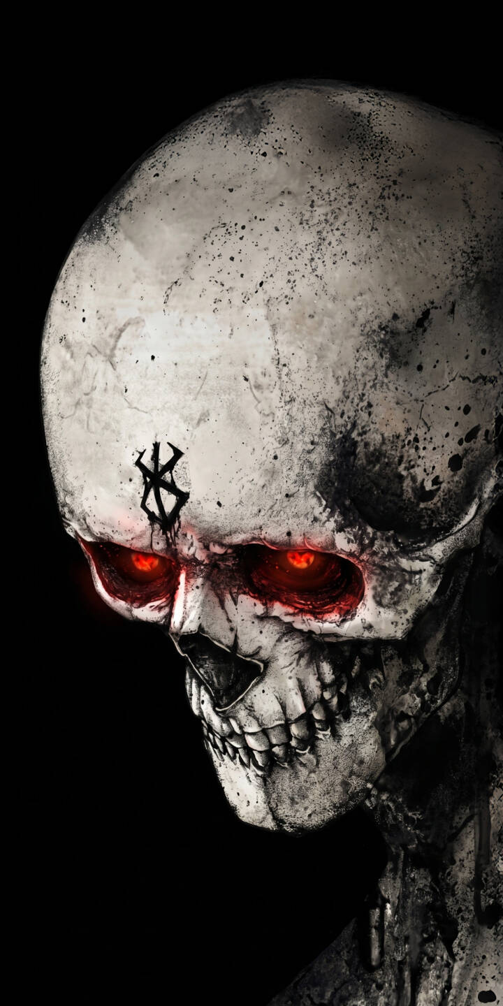 The intense red glow from the skull's eyes pierces through the darkness, featuring a distinctive Brand of Sacrifice on its gritty forehead in this powerful 4K wallpaper — a truly dark aesthetic wallpaper for your iPhone. | skull iphone wallpaper berserk mobile 4k wallpaper hd wallpaper dark aesthetic glowing eyes brand of sacrifice fantasy art The intense red glow from the skull's eyes pierces through the darkness, featuring a distinctive Brand of Sacrifice on its gritty forehead in this powerful 4K wallpaper — a truly dark aesthetic wallpaper for your iPhone.