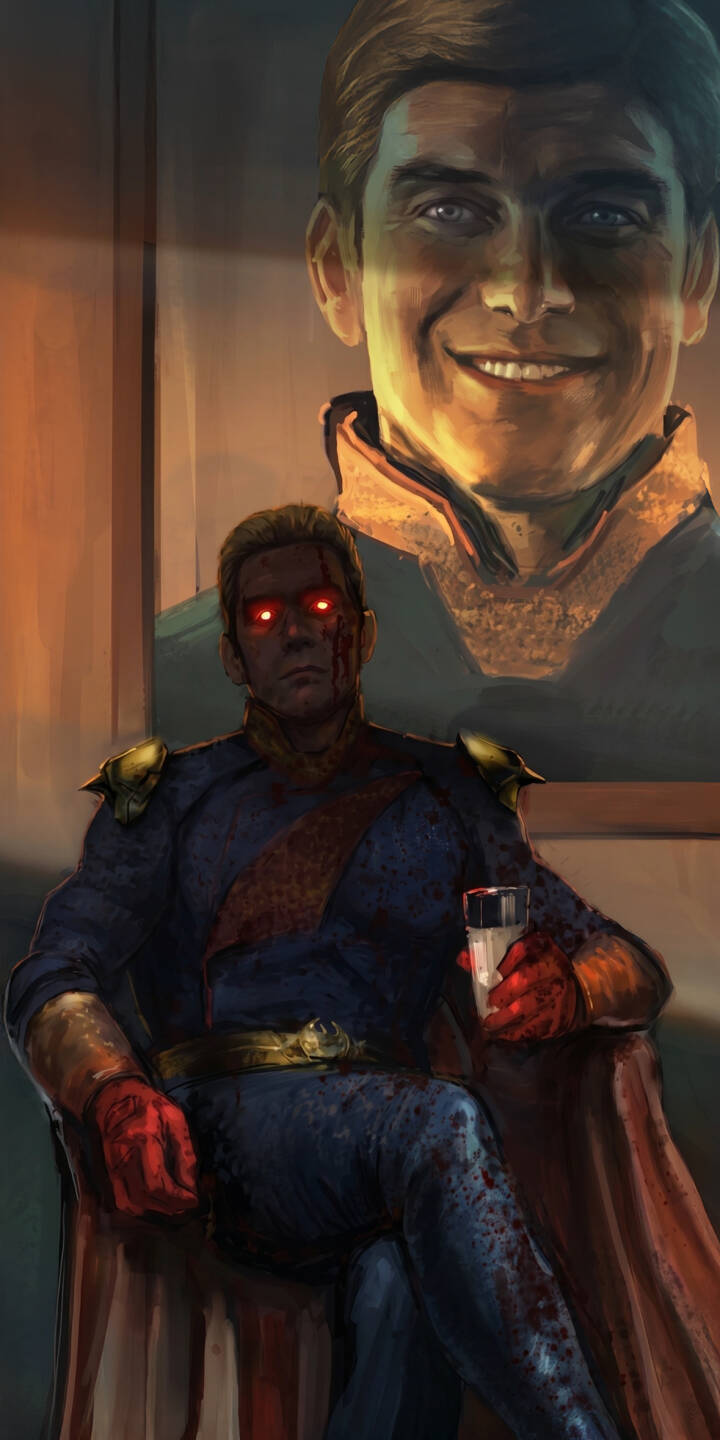 Homelander's menacing red laser eyes glow amidst the blood-splattered uniform as he sits holding a glass, creating a chilling contrast with his clean, smiling portrait in the background in this intense 4K wallpaper. This terrifying visual is an essential wallpaper for iPhone users who love The Boys. | the boys dark blood homelander iphone wallpaper red eyes mobile digital art 4k wallpaper hd wallpaper supe Homelander's menacing red laser eyes glow amidst the blood-splattered uniform as he sits holding a glass, creating a chilling contrast with his clean, smiling portrait in the background in this intense 4K wallpaper. This terrifying visual is an essential wallpaper for iPhone users who love The Boys.