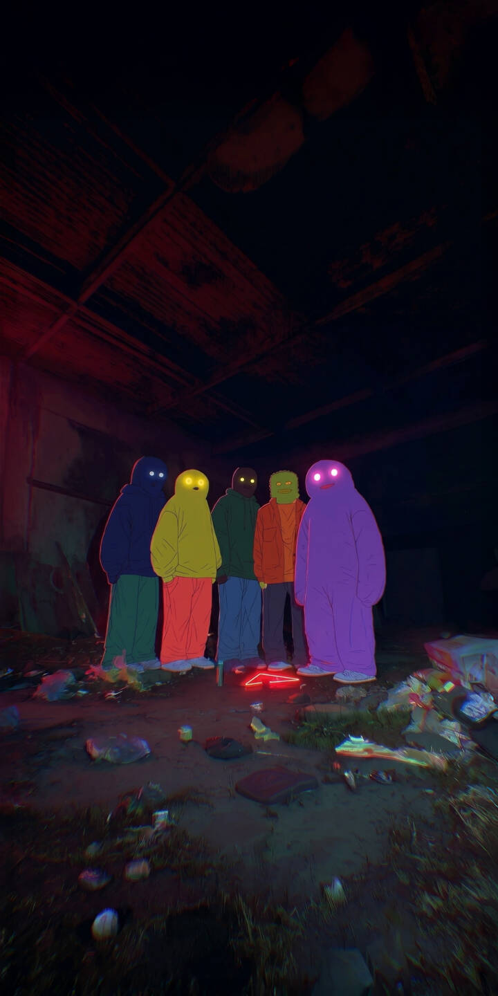 Five hooded figures with intensely glowing eyes stand in a dark, debris-strewn room, their vibrant colorful outfits contrasting with the eerie red lighting in this striking 4K wallpaper. This atmospheric wallpaper is perfect for personalizing your iPhone. | neon animated colorful iphone wallpaper mystery mobile 4k wallpaper hd wallpaper dark aesthetic glowing eyes hooded figures Five hooded figures with intensely glowing eyes stand in a dark, debris-strewn room, their vibrant colorful outfits contrasting with the eerie red lighting in this striking 4K wallpaper. This atmospheric wallpaper is perfect for personalizing your iPhone.