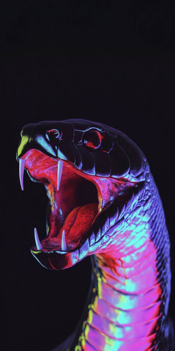 Vibrant neon blue and pink light dramatically illuminates the scales of a striking cobra, its mouth agape revealing sharp white fangs and a fiery red interior in this captivating 4K wallpaper. This intense visual makes an epic wallpaper for iPhone, showcasing the snake's menacing beauty against a dark void. | dark neon snake iphone wallpaper mobile glowing fangs serpent 4k wallpaper hd wallpaper cobra Vibrant neon blue and pink light dramatically illuminates the scales of a striking cobra, its mouth agape revealing sharp white fangs and a fiery red interior in this captivating 4K wallpaper. This intense visual makes an epic wallpaper for iPhone, showcasing the snake's menacing beauty against a dark void.