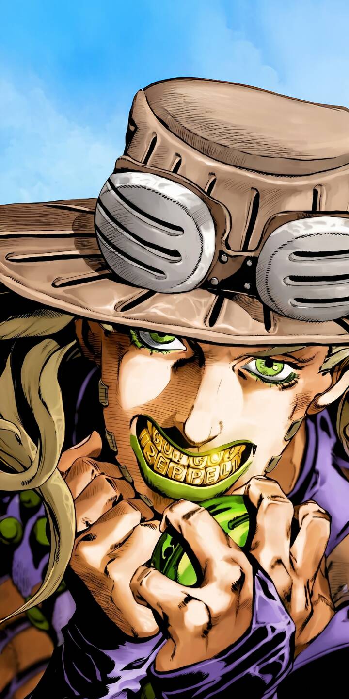 Striking green eyes and his iconic golden "GO GO ZEPPELI" grin take center stage in this vibrant 4K Gyro Zeppeli wallpaper, perfect for any JoJo's fan seeking a dynamic iPhone wallpaper. | anime manga iphone wallpaper jojo mobile 4k wallpaper hd wallpaper golden teeth gyro zeppeli jojo's bizarre adventure steel ball run Striking green eyes and his iconic golden "GO GO ZEPPELI" grin take center stage in this vibrant 4K Gyro Zeppeli wallpaper, perfect for any JoJo's fan seeking a dynamic iPhone wallpaper.