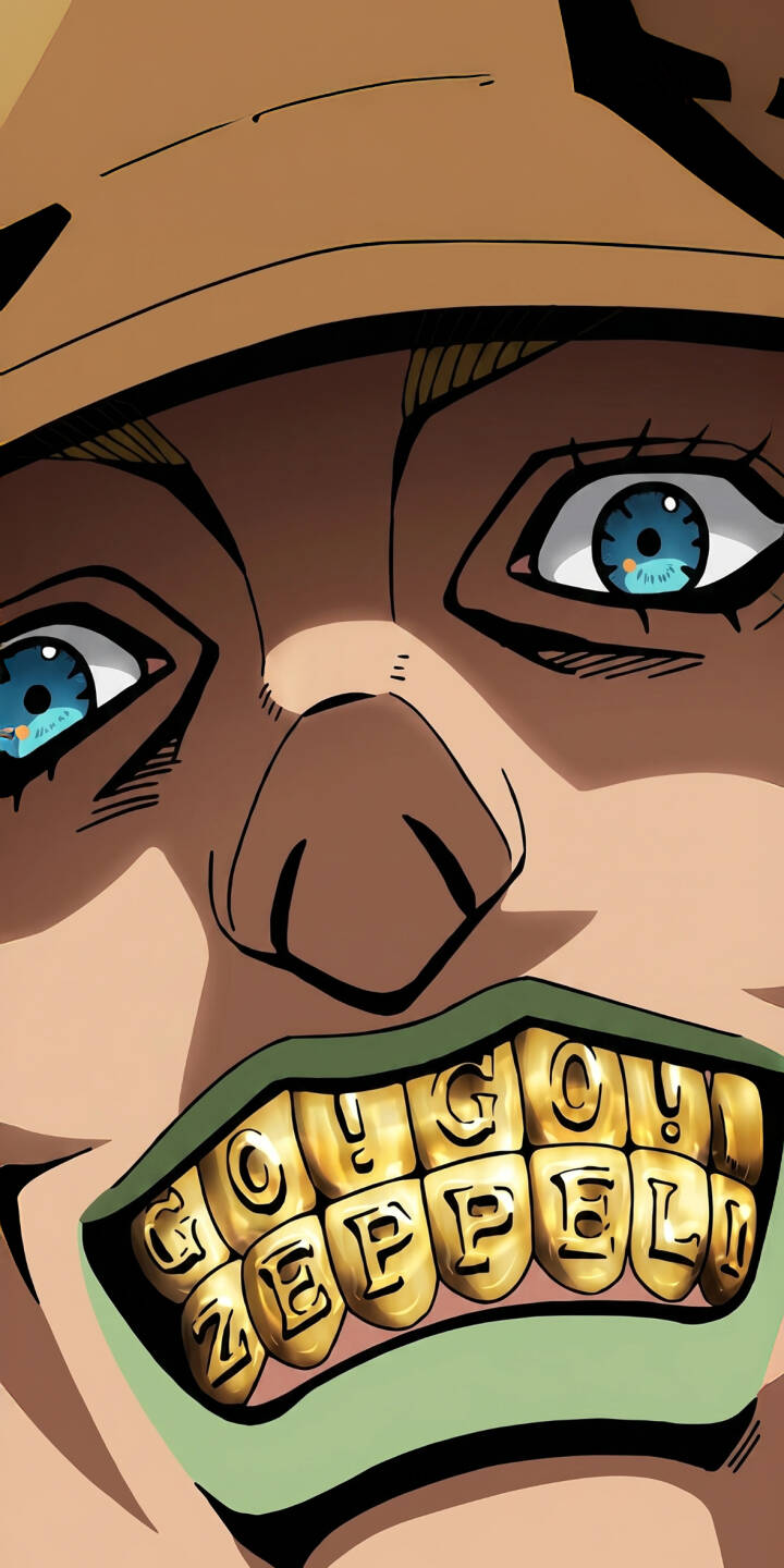 The gleaming "GO! GO! ZEPPELI" gold grills take center stage as Gyro Zeppeli stares with piercing blue eyes in this striking 4K wallpaper, a perfect iPhone wallpaper for Jojo's fans. | aesthetic anime iphone wallpaper jojo mobile 4k wallpaper hd wallpaper gold grills gyro zeppeli steel ball run The gleaming "GO! GO! ZEPPELI" gold grills take center stage as Gyro Zeppeli stares with piercing blue eyes in this striking 4K wallpaper, a perfect iPhone wallpaper for Jojo's fans.