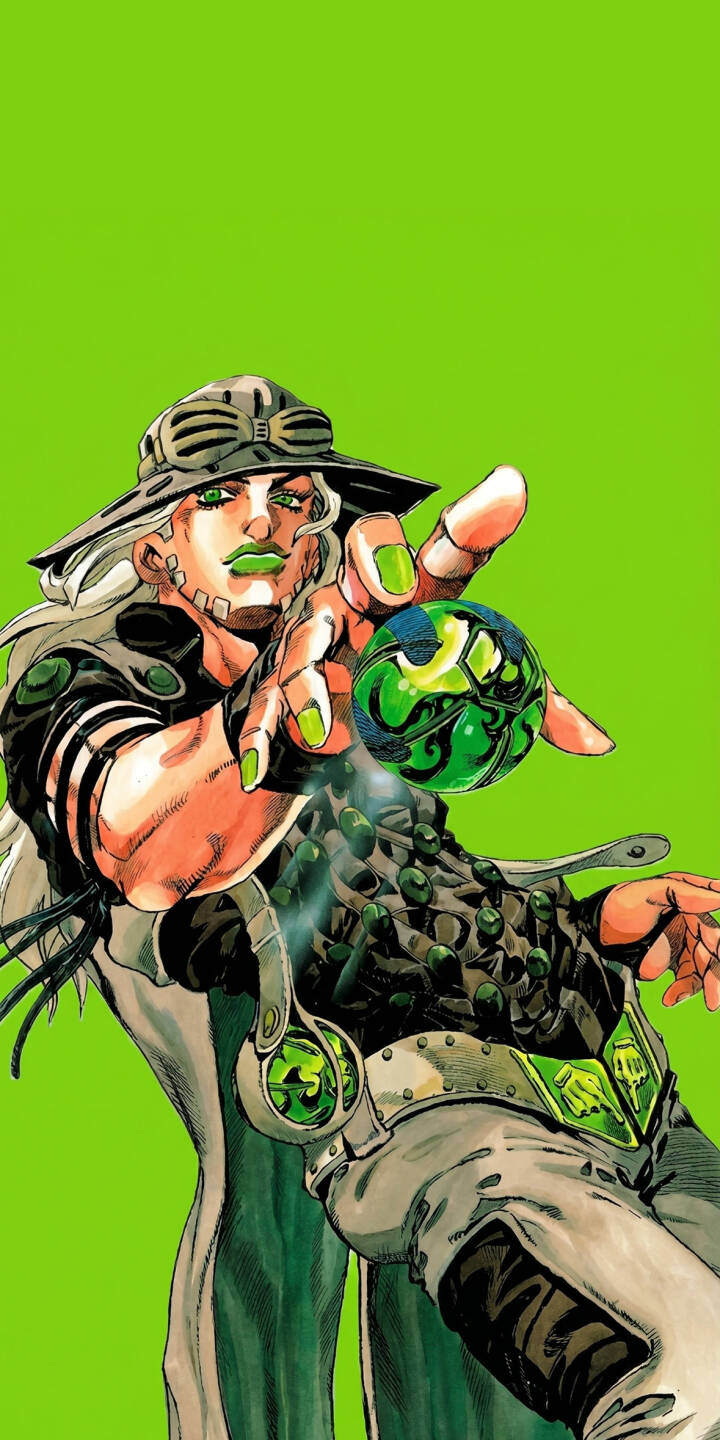Gyro Zeppeli's striking green lips and nails pop against the vibrant green background as he dynamically holds his iconic swirling Steel Ball. This stunning 4K anime wallpaper is a must-have for any Jojo's Bizarre Adventure fan on iPhone. | aesthetic spin green anime iphone wallpaper jojo mobile 4k wallpaper hd wallpaper gyro zeppeli steel ball run Gyro Zeppeli's striking green lips and nails pop against the vibrant green background as he dynamically holds his iconic swirling Steel Ball. This stunning 4K anime wallpaper is a must-have for any Jojo's Bizarre Adventure fan on iPhone.