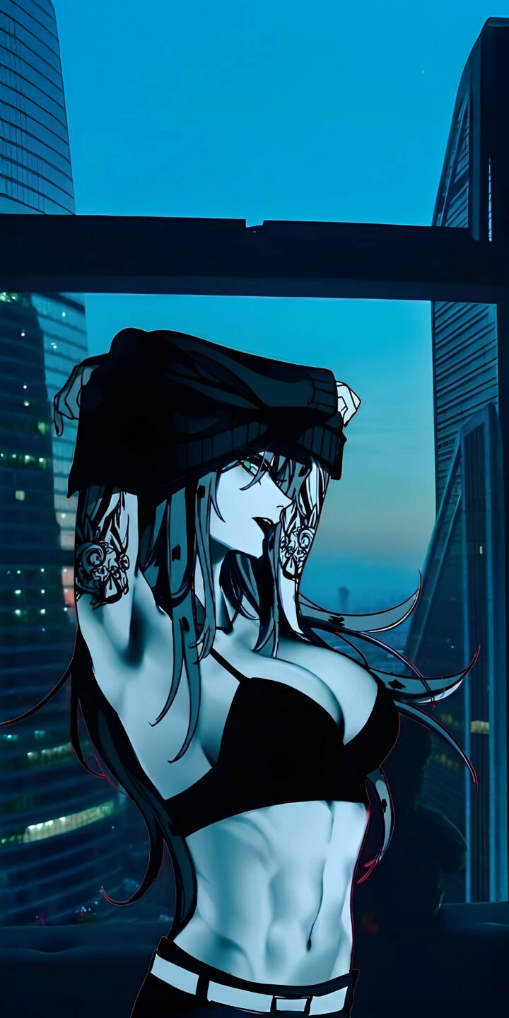 Framed against a cool blue twilight cityscape, an edgy anime girl shows off her intricate arm tattoos and toned abs while adjusting her beanie in this stunning 4K wallpaper. This captivating urban aesthetic makes for a unique iPhone wallpaper. | aesthetic urban iphone wallpaper anime girl mobile 4k wallpaper hd wallpaper cityscape anime woman blue art tattooed Framed against a cool blue twilight cityscape, an edgy anime girl shows off her intricate arm tattoos and toned abs while adjusting her beanie in this stunning 4K wallpaper. This captivating urban aesthetic makes for a unique iPhone wallpaper.