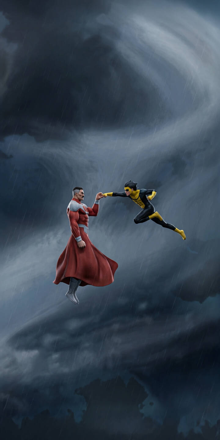 Omni-Man and Invincible share a powerful, dramatic hand-to-hand moment amidst a fiercely stormy, rain-streaked sky in this intense 4K wallpaper, a compelling wallpaper for iPhone users. Omni-Man's red cape flows dynamically while Invincible's yellow suit stands out against the dark clouds. | superhero storm iphone wallpaper comic animation invincible mobile 4k wallpaper hd wallpaper mark grayson omn-man Omni-Man and Invincible share a powerful, dramatic hand-to-hand moment amidst a fiercely stormy, rain-streaked sky in this intense 4K wallpaper, a compelling wallpaper for iPhone users. Omni-Man's red cape flows dynamically while Invincible's yellow suit stands out against the dark clouds.