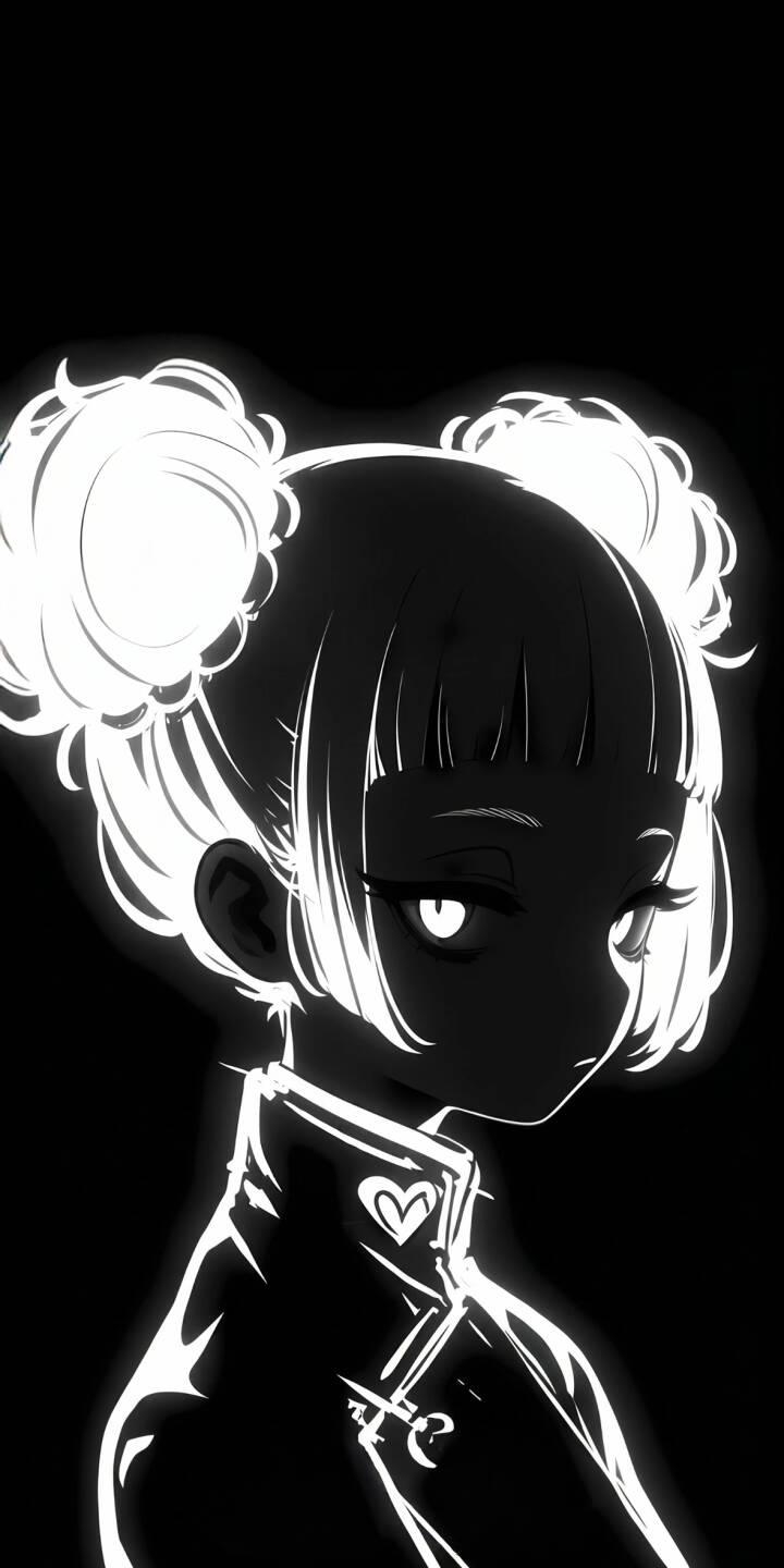 The ethereal white glowing outline of an anime girl stands stark against a dark void, creating a captivating 4K aesthetic wallpaper. Her iconic twin bun hairstyle and piercing eyes, along with a subtle heart on her collar, make this a truly unique wallpaper for iPhone. | anime iphone minimalist wallpaper anime girl mobile 4k wallpaper hd wallpaper dark aesthetic glowing art outline art bun hairstyle The ethereal white glowing outline of an anime girl stands stark against a dark void, creating a captivating 4K aesthetic wallpaper. Her iconic twin bun hairstyle and piercing eyes, along with a subtle heart on her collar, make this a truly unique wallpaper for iPhone.