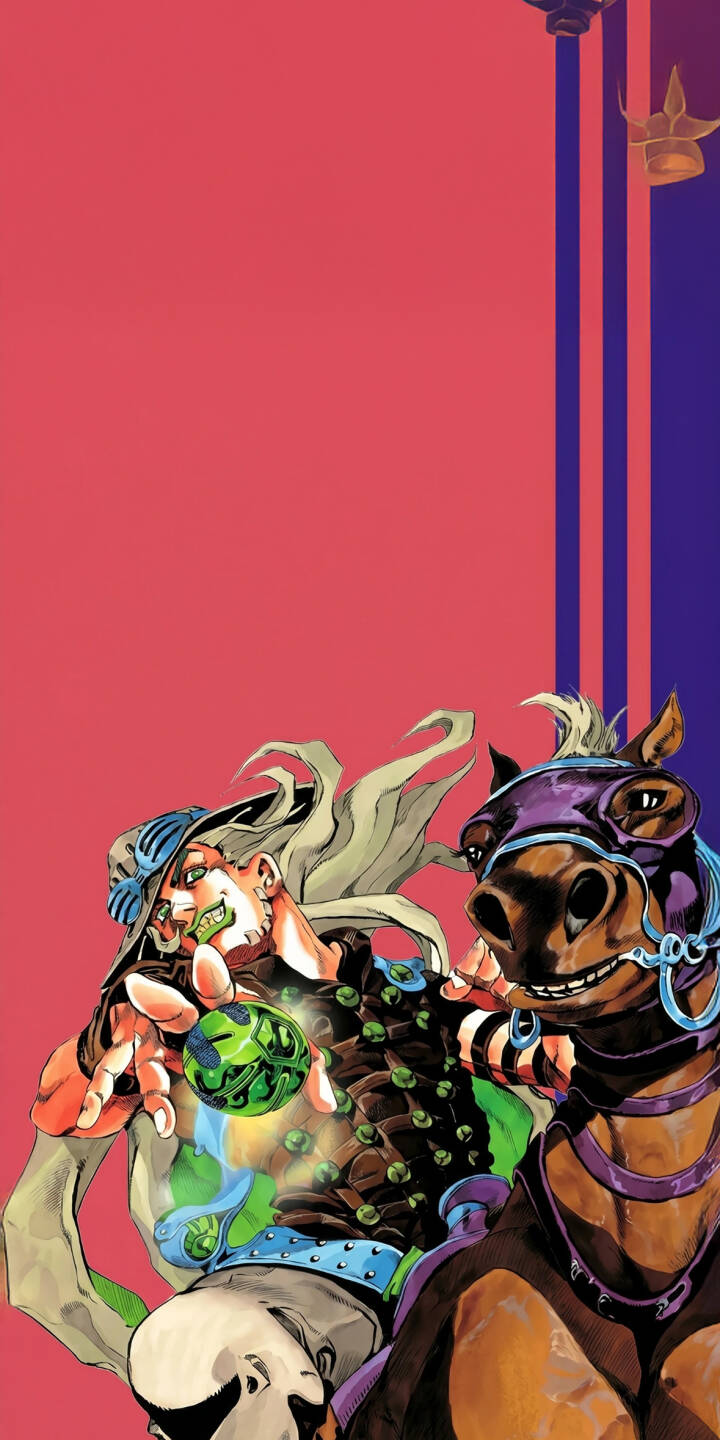 A glowing green Steel Ball emanates energy from Gyro Zeppeli's hand as he poses dynamically on his horse against a vibrant split background of red and blue, making an epic 4K wallpaper perfect for your iPhone. This compelling JoJo's Bizarre Adventure wallpaper captures the iconic character in action. | spin anime horse iphone wallpaper vibrant mobile 4k wallpaper hd wallpaper gyro zeppeli jojo's bizarre adventure steel ball run A glowing green Steel Ball emanates energy from Gyro Zeppeli's hand as he poses dynamically on his horse against a vibrant split background of red and blue, making an epic 4K wallpaper perfect for your iPhone. This compelling JoJo's Bizarre Adventure wallpaper captures the iconic character in action.