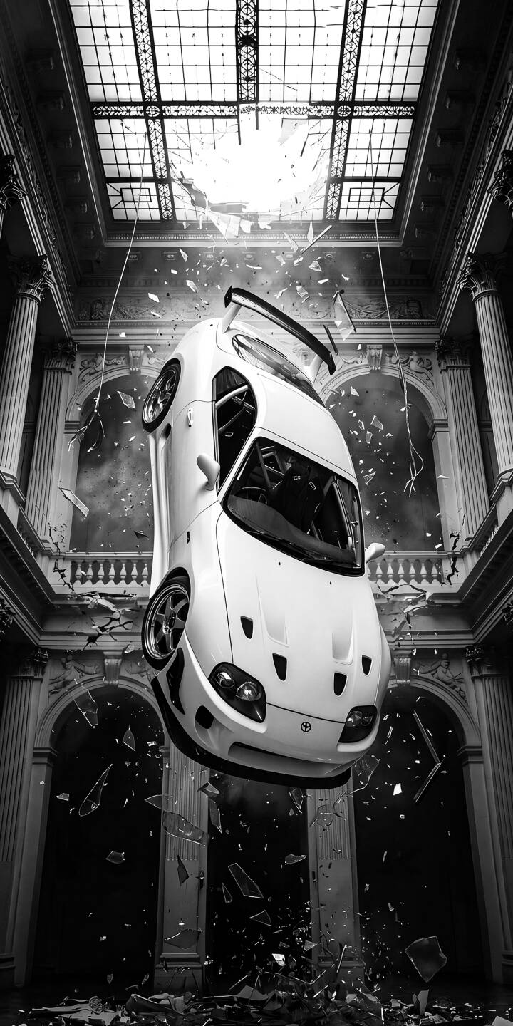 A pristine white Toyota Supra dramatically crashes through an elegant glass ceiling, sending shards of glass flying in this stunning 4K monochromatic wallpaper. This dynamic scene makes for a truly impactful iPhone wallpaper. | sports car iphone supra wallpaper toyota supra crash mobile 4k wallpaper hd wallpaper monochrome jdm dramatic A pristine white Toyota Supra dramatically crashes through an elegant glass ceiling, sending shards of glass flying in this stunning 4K monochromatic wallpaper. This dynamic scene makes for a truly impactful iPhone wallpaper.