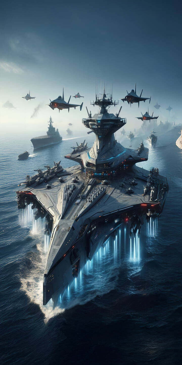 Massive blue propulsion glows intensely beneath a futuristic aircraft carrier, leading an advanced naval fleet flanked by fighter jets across a vast ocean, making for an epic 4K wallpaper perfect for your iPhone. | iphone ocean wallpaper mobile 4k wallpaper hd wallpaper blue glow epic fighter jets futuristic carrier sci-fi warship naval fleet Massive blue propulsion glows intensely beneath a futuristic aircraft carrier, leading an advanced naval fleet flanked by fighter jets across a vast ocean, making for an epic 4K wallpaper perfect for your iPhone.