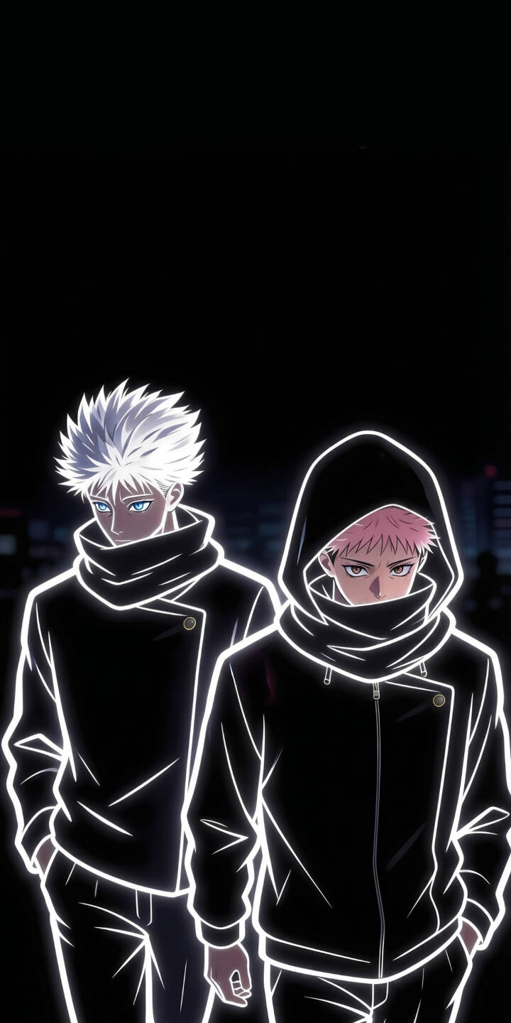 Glowing white outlines illuminate Satoru Gojo's sharp blue eyes and Yuji Itadori's pink hair against a dark city backdrop in this striking 4K minimalist wallpaper, making it a perfect iPhone wallpaper for Jujutsu Kaisen fans. | dark anime iphone minimalist wallpaper mobile glowing 4k wallpaper hd wallpaper gojo satoru jujutsu kaisen yuji itadori Glowing white outlines illuminate Satoru Gojo's sharp blue eyes and Yuji Itadori's pink hair against a dark city backdrop in this striking 4K minimalist wallpaper, making it a perfect iPhone wallpaper for Jujutsu Kaisen fans.