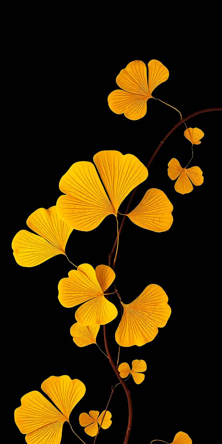 Vibrant golden ginkgo leaves, featuring their iconic fan shape, gracefully emerge from dark, delicate branches against a minimalist black background. This elegant 4K wallpaper is perfect for personalizing your iPhone, offering a serene botanical aesthetic. | iphone nature minimalist wallpaper mobile 4k wallpaper hd wallpaper botanical golden leaves yellow leaves ginkgo ginkgo leaves Vibrant golden ginkgo leaves, featuring their iconic fan shape, gracefully emerge from dark, delicate branches against a minimalist black background. This elegant 4K wallpaper is perfect for personalizing your iPhone, offering a serene botanical aesthetic.