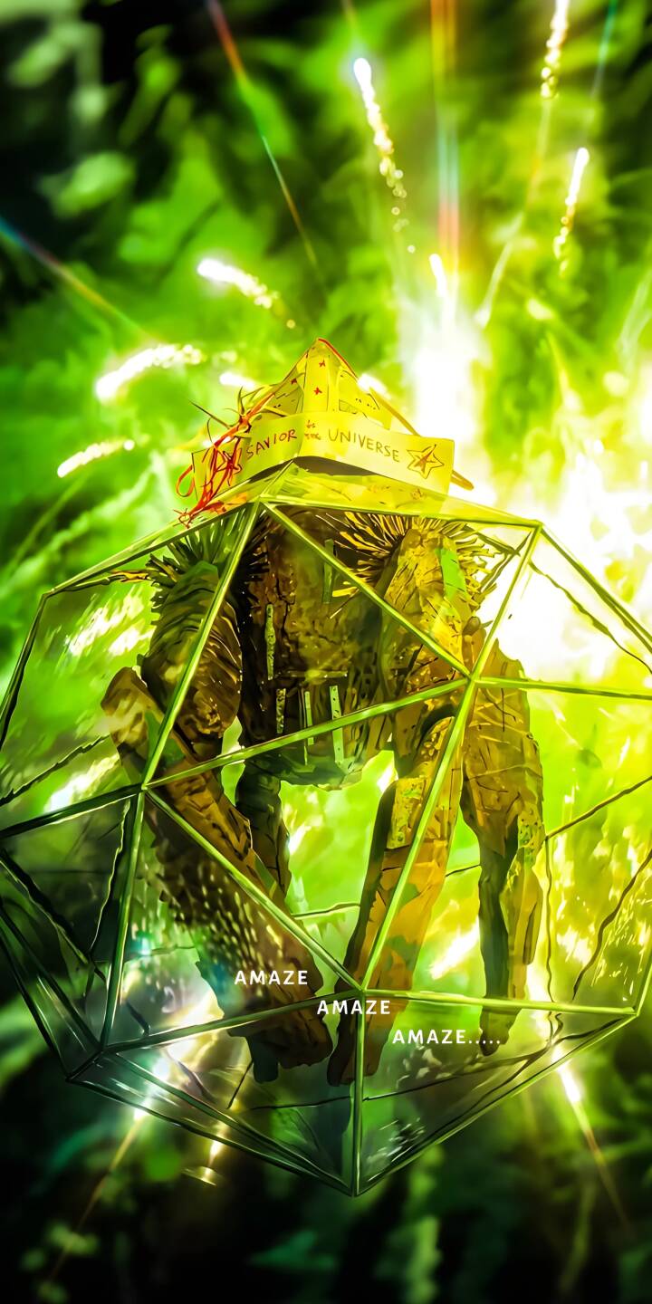 Radiant green and yellow light beams illuminate a mysterious creature trapped within a geometric cage, proudly wearing a 'Savior of Universe' hat in this captivating 4K wallpaper. This stunning mobile wallpaper also features repeating 'AMAZE' text, perfect for your iPhone screen. | green universe iphone wallpaper mobile glowing 4k wallpaper hd wallpaper geometric savior creature cage Radiant green and yellow light beams illuminate a mysterious creature trapped within a geometric cage, proudly wearing a 'Savior of Universe' hat in this captivating 4K wallpaper. This stunning mobile wallpaper also features repeating 'AMAZE' text, perfect for your iPhone screen.