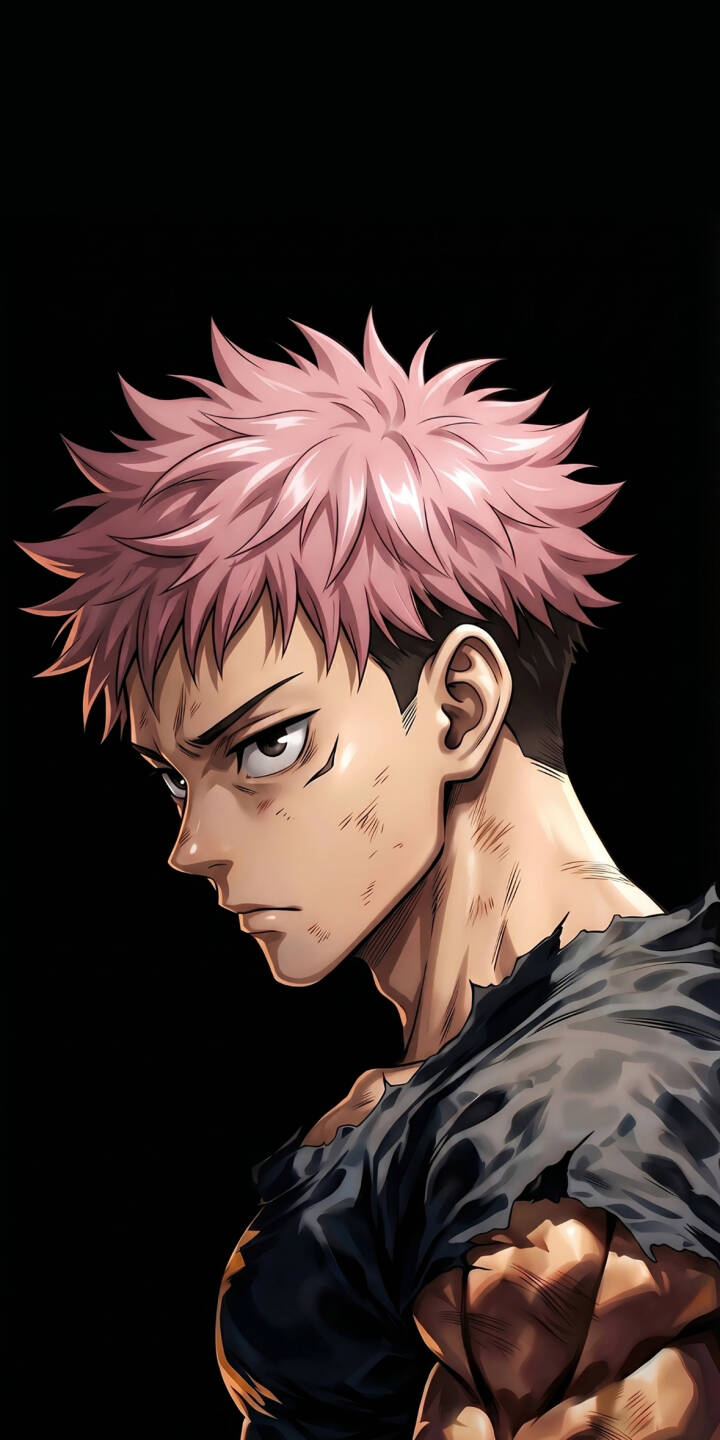 Itadori Yuji's determined gaze focuses intently, with his signature pink spiky hair and a ripped dark t-shirt revealing his strong physique, making this a fierce 4K wallpaper for iPhone. This detailed wallpaper captures his battle-hardened look against a stark black background, perfect for fans. | aesthetic dark anime iphone yuji wallpaper mobile 4k wallpaper hd wallpaper pink hair itadori yuji jujutsu kaisen Itadori Yuji's determined gaze focuses intently, with his signature pink spiky hair and a ripped dark t-shirt revealing his strong physique, making this a fierce 4K wallpaper for iPhone. This detailed wallpaper captures his battle-hardened look against a stark black background, perfect for fans.