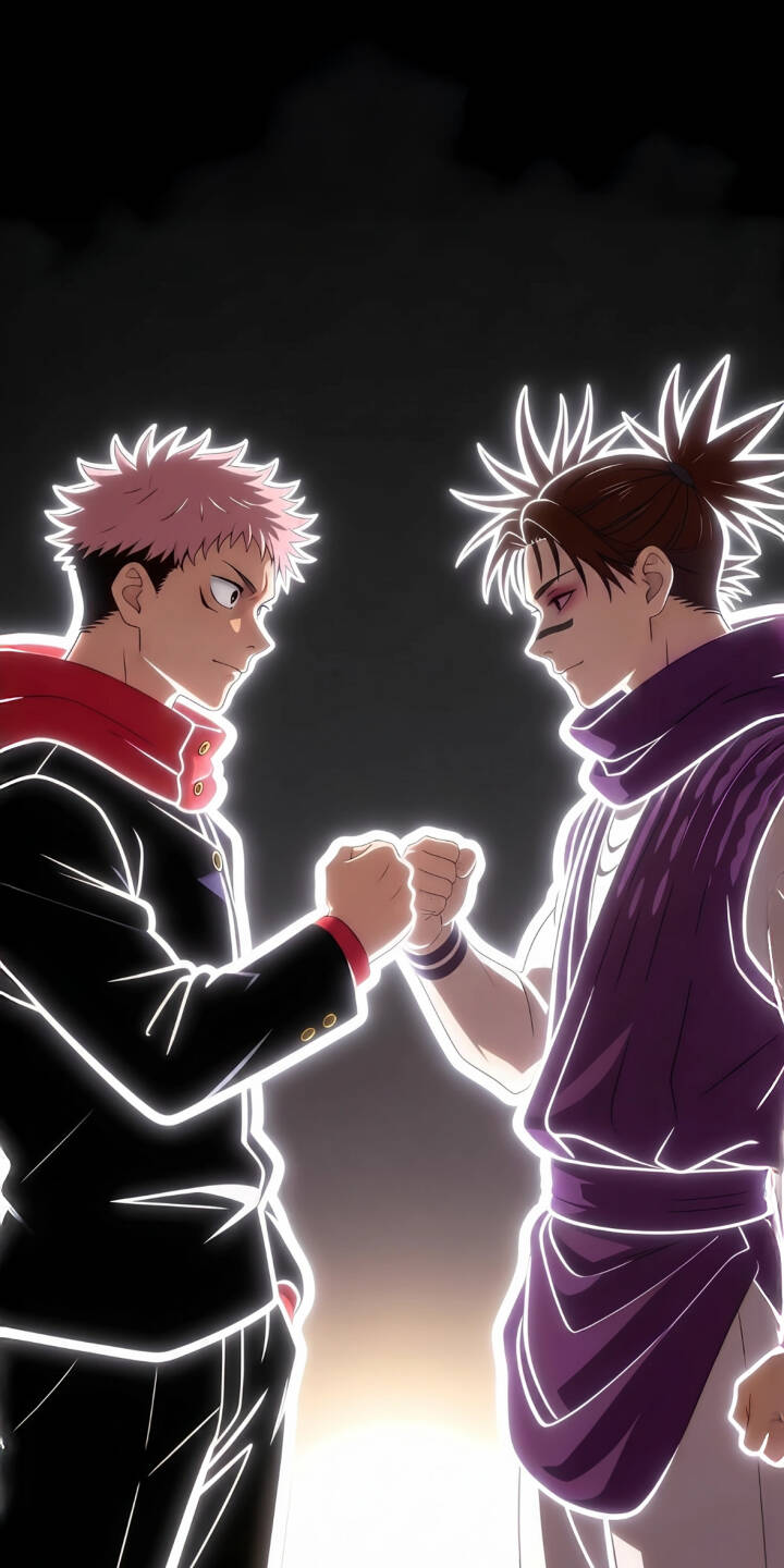 The vivid white glowing outlines around Yuji Itadori and Choso illuminate this striking image as they share a determined fist bump, making for an epic 4K wallpaper for your iPhone; Yuji's signature pink hair and Choso's distinctive purple sash stand out in this captivating Jujutsu Kaisen wallpaper. | anime iphone yuji wallpaper mobile 4k wallpaper hd wallpaper glow effect jujutsu kaisen yuji itadori choso fist bump The vivid white glowing outlines around Yuji Itadori and Choso illuminate this striking image as they share a determined fist bump, making for an epic 4K wallpaper for your iPhone; Yuji's signature pink hair and Choso's distinctive purple sash stand out in this captivating Jujutsu Kaisen wallpaper.