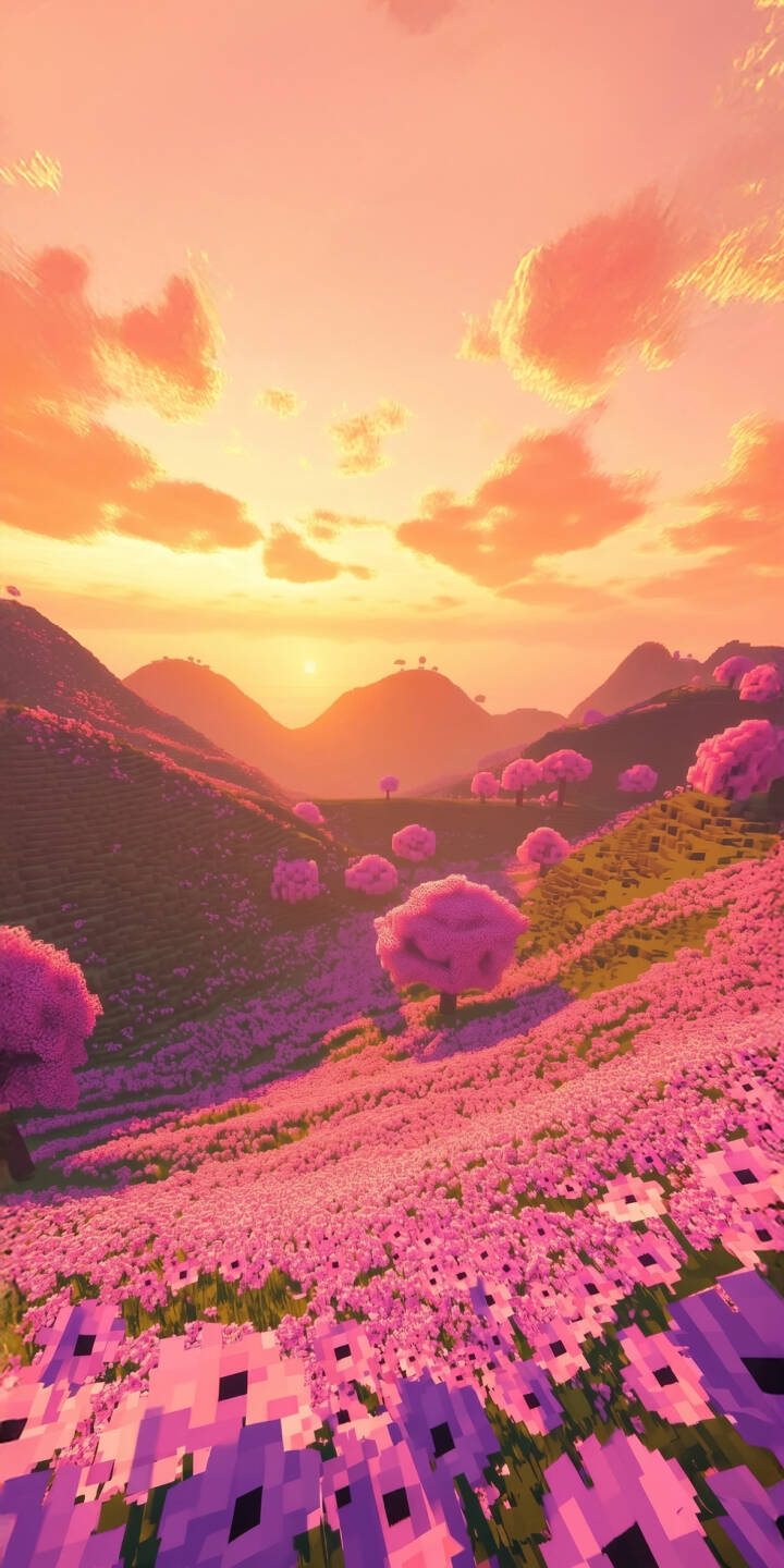 The warm, pixelated sunset casts an enchanting glow over a vibrant landscape of rolling hills covered in blocky pink and purple flowers and round-canopied trees in this stunning 4K wallpaper. This captivating scene is a perfect aesthetic wallpaper for your iPhone. | aesthetic landscape sunset iphone nature wallpaper mobile pixel art 4k wallpaper hd wallpaper pink flowers serene The warm, pixelated sunset casts an enchanting glow over a vibrant landscape of rolling hills covered in blocky pink and purple flowers and round-canopied trees in this stunning 4K wallpaper. This captivating scene is a perfect aesthetic wallpaper for your iPhone.