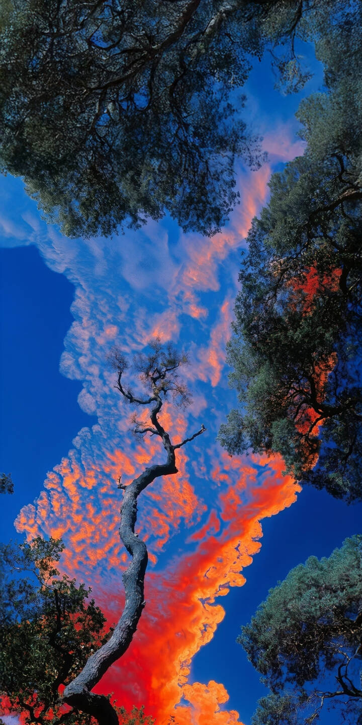 Vivid orange clouds streak across an electric blue sky, seen from beneath a tree canopy, in this dramatic 4K nature wallpaper. This inspiring landscape makes a perfect wallpaper for your iPhone. | aesthetic landscape forest sky iphone nature clouds wallpaper vibrant mobile 4k wallpaper hd wallpaper Vivid orange clouds streak across an electric blue sky, seen from beneath a tree canopy, in this dramatic 4K nature wallpaper. This inspiring landscape makes a perfect wallpaper for your iPhone.
