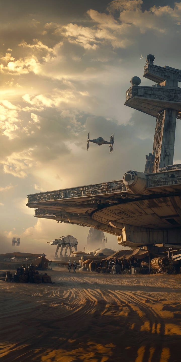 The dramatic golden light of the desert sky frames a formidable TIE Fighter flying past a colossal grounded Star Wars vessel and distant AT-AT walkers in this stunning 4K wallpaper, making it an epic choice for your iPhone wallpaper. | desert iphone wallpaper mobile 4k wallpaper hd wallpaper epic sci-fi star wars at-at tie fighter tatooine The dramatic golden light of the desert sky frames a formidable TIE Fighter flying past a colossal grounded Star Wars vessel and distant AT-AT walkers in this stunning 4K wallpaper, making it an epic choice for your iPhone wallpaper.
