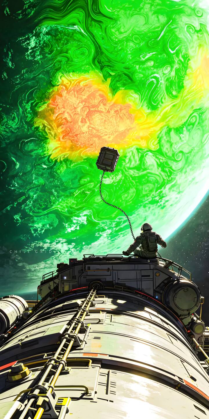 A swirling emerald green and fiery orange gas giant dominates the sky as an astronaut sits on a spaceship's hull, holding a mysterious chained box, creating a breathtaking 4K wallpaper that's perfect for your iPhone. | astronaut space iphone wallpaper futuristic mobile 4k wallpaper hd wallpaper outer space sci-fi green planet A swirling emerald green and fiery orange gas giant dominates the sky as an astronaut sits on a spaceship's hull, holding a mysterious chained box, creating a breathtaking 4K wallpaper that's perfect for your iPhone.