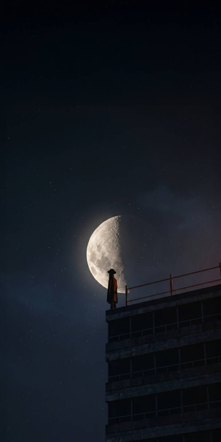 A luminous crescent moon hangs dramatically in the dark, starry sky above a lone figure gazing from a derelict rooftop in this haunting 4K wallpaper. This evocative wallpaper is perfect for iPhone users seeking a mysterious and atmospheric lock screen. | aesthetic dark moon night sky iphone minimalist stars wallpaper mobile 4k wallpaper hd wallpaper lone figure A luminous crescent moon hangs dramatically in the dark, starry sky above a lone figure gazing from a derelict rooftop in this haunting 4K wallpaper. This evocative wallpaper is perfect for iPhone users seeking a mysterious and atmospheric lock screen.