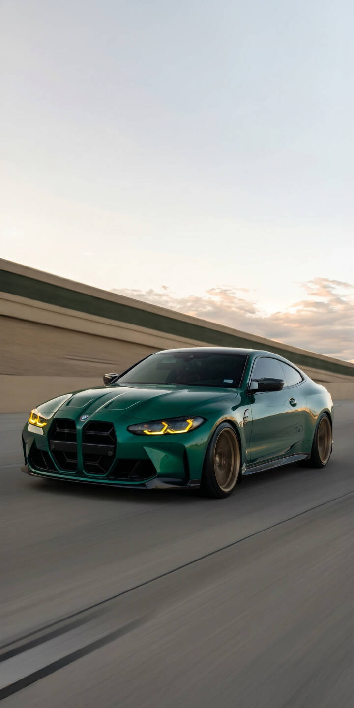 The powerful dark green BMW M4 speeds down the highway, its distinctive yellow headlights glowing intensely as it creates a dynamic 4K wallpaper. This sleek automotive wallpaper, showcasing the car's aggressive front grille and stylish bronze wheels, is a perfect fit for your iPhone. | aesthetic sports car iphone bmw wallpaper bmw m4 mobile green car 4k wallpaper hd wallpaper yellow headlights speeding The powerful dark green BMW M4 speeds down the highway, its distinctive yellow headlights glowing intensely as it creates a dynamic 4K wallpaper. This sleek automotive wallpaper, showcasing the car's aggressive front grille and stylish bronze wheels, is a perfect fit for your iPhone.