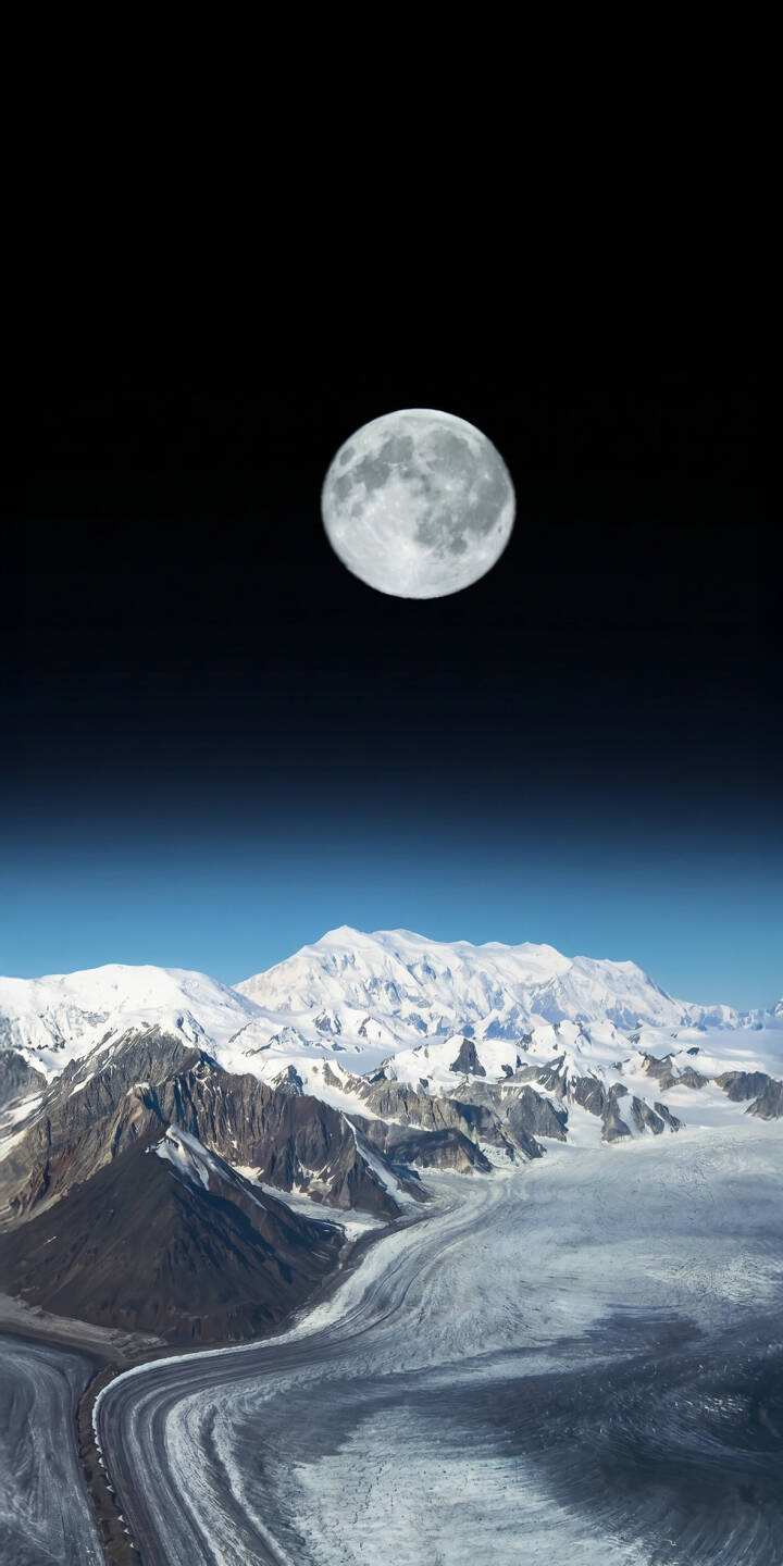 A luminous full moon dominates the dark upper sky, casting its glow over majestic snow-capped mountains and a winding glacial valley below in this stunning 4K wallpaper — a truly epic nature wallpaper for your iPhone. | landscape moon night sky iphone mountains wallpaper mobile 4k wallpaper hd wallpaper glacier serene natural A luminous full moon dominates the dark upper sky, casting its glow over majestic snow-capped mountains and a winding glacial valley below in this stunning 4K wallpaper — a truly epic nature wallpaper for your iPhone.