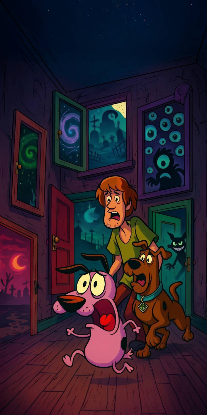 Terrified expressions grip Courage the Cowardly Dog, Scooby-Doo, and Shaggy Rogers as they cower in a creepy, dimly lit hallway filled with portals to spooky dimensions in this vibrant 4K wallpaper. This suspenseful cartoon wallpaper, perfect for iPhone, captures the iconic trio's signature fright. | cartoon iphone spooky wallpaper mystery mobile scooby doo courage the cowardly dog shaggy rogers 4k wallpaper hd wallpaper fright Terrified expressions grip Courage the Cowardly Dog, Scooby-Doo, and Shaggy Rogers as they cower in a creepy, dimly lit hallway filled with portals to spooky dimensions in this vibrant 4K wallpaper. This suspenseful cartoon wallpaper, perfect for iPhone, captures the iconic trio's signature fright.