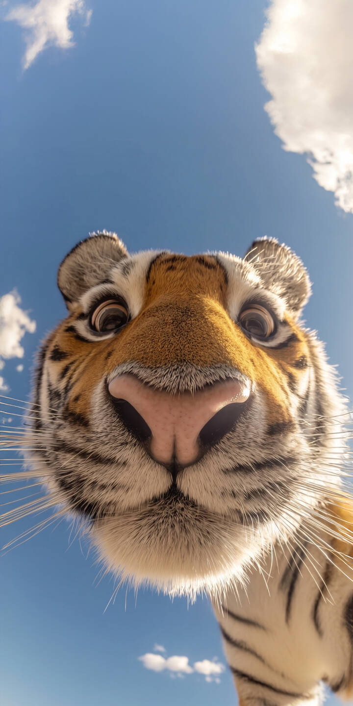 With wide, curious eyes and a prominent pink nose, this adorable tiger's face creates a captivating 4K wallpaper against a brilliant blue sky. It's an unmissable animal wallpaper, perfect for iPhone screens. | animal sky cute iphone tiger wallpaper close up mobile 4k wallpaper hd wallpaper wildlife big cat With wide, curious eyes and a prominent pink nose, this adorable tiger's face creates a captivating 4K wallpaper against a brilliant blue sky. It's an unmissable animal wallpaper, perfect for iPhone screens.