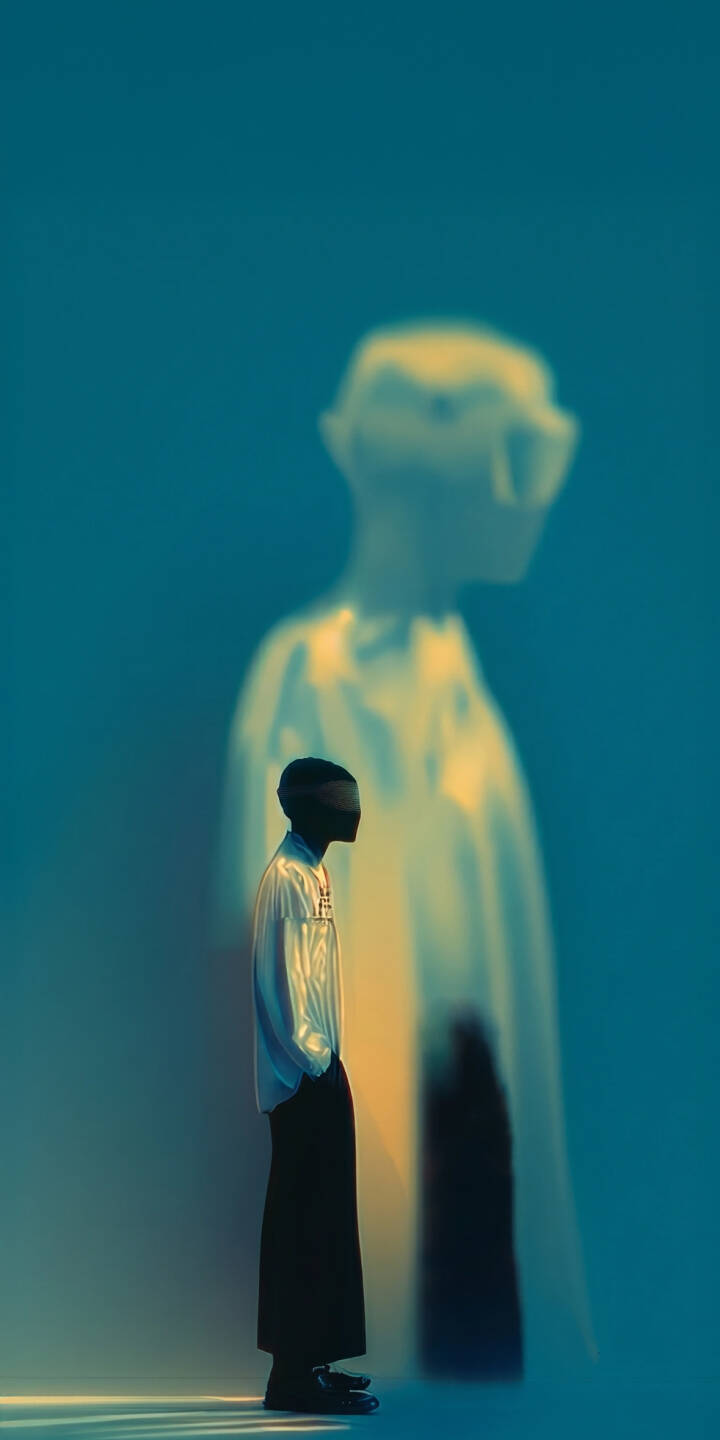 Golden shafts of light illuminate a spectral silhouette behind an enigmatic figure with an obscured face in this compelling 4K wallpaper – a perfect minimalist wallpaper for iPhone. | aesthetic teal iphone abstract wallpaper silhouette mobile figure 4k wallpaper hd wallpaper mysterious ghostly Golden shafts of light illuminate a spectral silhouette behind an enigmatic figure with an obscured face in this compelling 4K wallpaper – a perfect minimalist wallpaper for iPhone.