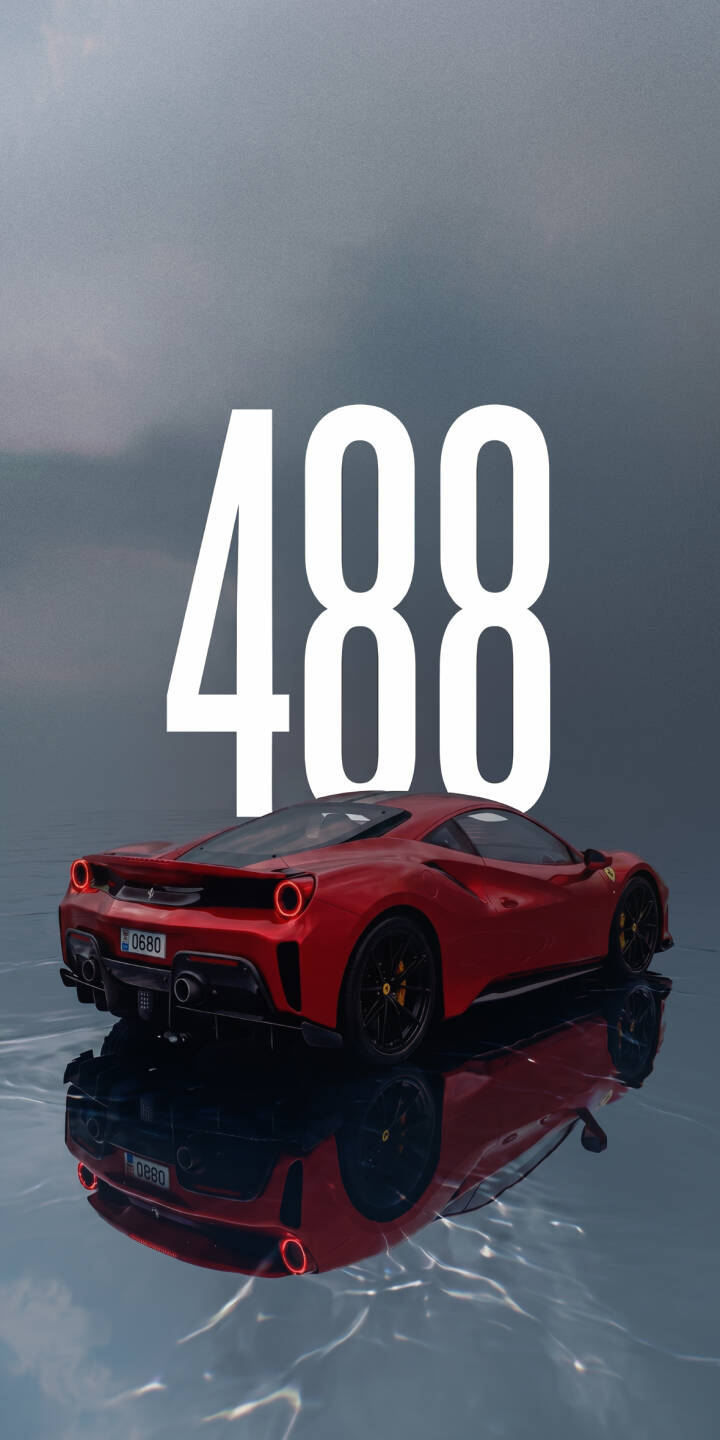 A prominent white '488' numeral looms large above the stunning red Ferrari 488, which gleams with its perfect reflection on a glossy, liquid-like surface in this sleek 4K wallpaper — an ideal wallpaper for iPhone enthusiasts. | aesthetic sports car reflection iphone ferrari supercar wallpaper mobile red car 4k wallpaper hd wallpaper ferrari 488 A prominent white '488' numeral looms large above the stunning red Ferrari 488, which gleams with its perfect reflection on a glossy, liquid-like surface in this sleek 4K wallpaper — an ideal wallpaper for iPhone enthusiasts.