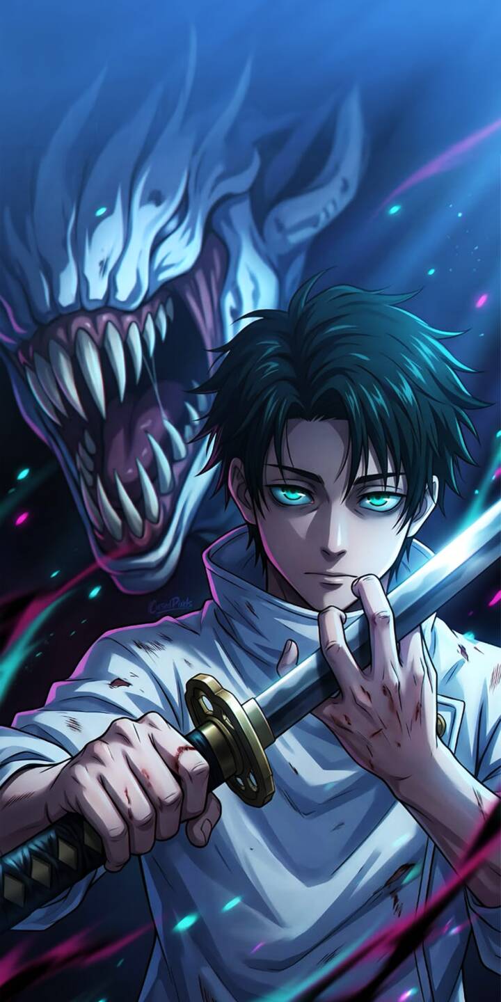 Yuta Okkotsu's piercing teal eyes glow intensely as he holds his katana, with the monstrous Rika looming protectively behind him in this striking 4K wallpaper — a powerful anime wallpaper for iPhone users. | sword anime iphone wallpaper curse mobile 4k wallpaper hd wallpaper jujutsu kaisen dark fantasy yuta okkotsu rika Yuta Okkotsu's piercing teal eyes glow intensely as he holds his katana, with the monstrous Rika looming protectively behind him in this striking 4K wallpaper — a powerful anime wallpaper for iPhone users.