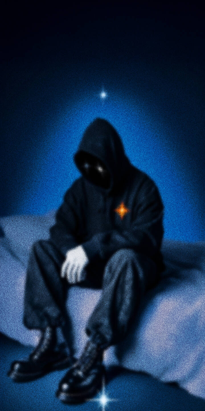Through a digital haze, the enigmatic hooded figure's glowing eyes pierce the dark blue void. This compelling 4K wallpaper, featuring a bright orange star emblem and subtle glitter effects, is a captivating wallpaper for iPhone. | iphone wallpaper mobile 4k wallpaper hd wallpaper dark aesthetic glowing eyes hooded figure mysterious abstract art star emblem Through a digital haze, the enigmatic hooded figure's glowing eyes pierce the dark blue void. This compelling 4K wallpaper, featuring a bright orange star emblem and subtle glitter effects, is a captivating wallpaper for iPhone.