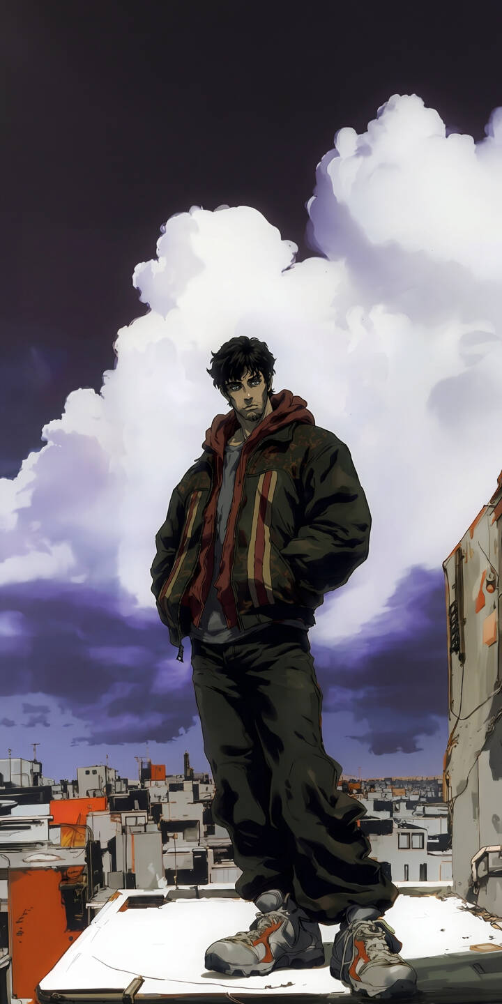 Against a dramatic purple and white clouded sky, a rugged anime figure with dark, disheveled hair stands contemplatively on a city rooftop in this striking 4K wallpaper — a perfect urban wallpaper for iPhone. | urban anime iphone character clouds wallpaper rooftop mobile 4k wallpaper hd wallpaper gritty cityscape Against a dramatic purple and white clouded sky, a rugged anime figure with dark, disheveled hair stands contemplatively on a city rooftop in this striking 4K wallpaper — a perfect urban wallpaper for iPhone.