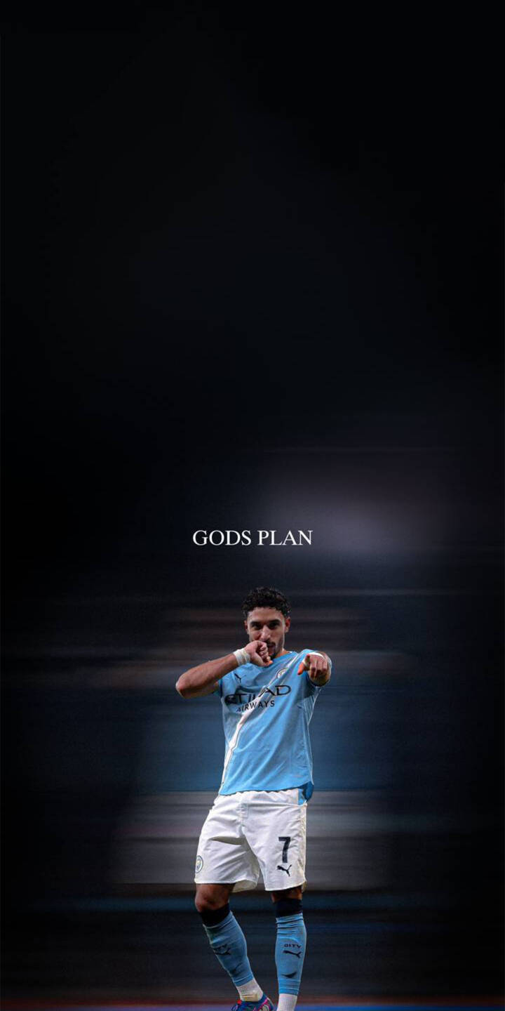 The iconic 'GODS PLAN' text floats above Riyad Mahrez as he points forward, sporting his light blue Manchester City kit in this powerful 4K wallpaper. This dynamic football wallpaper is perfect for any iPhone. | sports football athlete iphone wallpaper manchester city mobile 4k wallpaper hd wallpaper mahrez riyad mahrez gods plan The iconic 'GODS PLAN' text floats above Riyad Mahrez as he points forward, sporting his light blue Manchester City kit in this powerful 4K wallpaper. This dynamic football wallpaper is perfect for any iPhone.