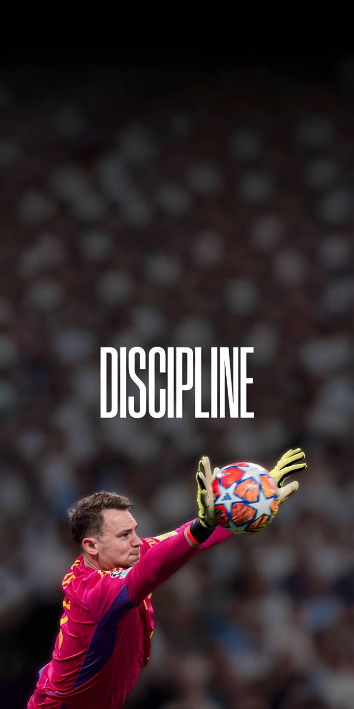 The prominent word "DISCIPLINE" inspires above Manuel Neuer as he makes a powerful save, expertly catching the Champions League ball while wearing his vibrant pink kit and yellow gloves. This 4K wallpaper offers an engaging lock screen for iPhone users, capturing the focused intensity of a world-class goalkeeper. | sports football goalkeeper discipline iphone wallpaper mobile manuel neuer 4k wallpaper hd wallpaper champions league neuer The prominent word "DISCIPLINE" inspires above Manuel Neuer as he makes a powerful save, expertly catching the Champions League ball while wearing his vibrant pink kit and yellow gloves. This 4K wallpaper offers an engaging lock screen for iPhone users, capturing the focused intensity of a world-class goalkeeper.