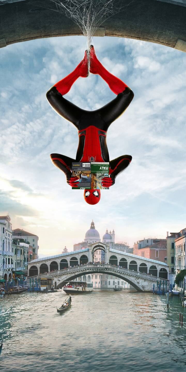 Spider-Man hangs upside down, engrossed in an 'ITALY' guidebook, against the backdrop of a picturesque Venice and its famous Rialto Bridge in this stunning 4K wallpaper. This travel-themed wallpaper is perfect for iPhone users who love the friendly neighborhood hero's European adventures. | travel marvel spiderman iphone wallpaper peter parker mobile venice 4k wallpaper hd wallpaper spider-man far from home Spider-Man hangs upside down, engrossed in an 'ITALY' guidebook, against the backdrop of a picturesque Venice and its famous Rialto Bridge in this stunning 4K wallpaper. This travel-themed wallpaper is perfect for iPhone users who love the friendly neighborhood hero's European adventures.