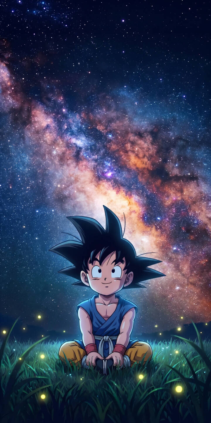 The breathtaking Milky Way swirls with cosmic colors above young Goku as he sits peacefully in a firefly-lit grassy field, making this vibrant 4K wallpaper a magical wallpaper for iPhone. | anime cute iphone galaxy goku stars wallpaper mobile 4k wallpaper hd wallpaper fireflies dragon ball The breathtaking Milky Way swirls with cosmic colors above young Goku as he sits peacefully in a firefly-lit grassy field, making this vibrant 4K wallpaper a magical wallpaper for iPhone.