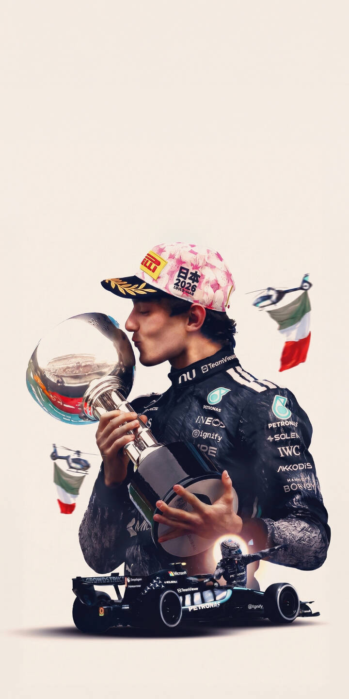 George Russell tenderly kisses his gleaming trophy, wearing his distinctive pink and white 'Japan 2026' cap in this triumphant 4K wallpaper – an essential F1 wallpaper for your iPhone. | sports trophy iphone wallpaper f1 racing formula 1 mobile 4k wallpaper hd wallpaper mercedes amg george russell George Russell tenderly kisses his gleaming trophy, wearing his distinctive pink and white 'Japan 2026' cap in this triumphant 4K wallpaper – an essential F1 wallpaper for your iPhone.