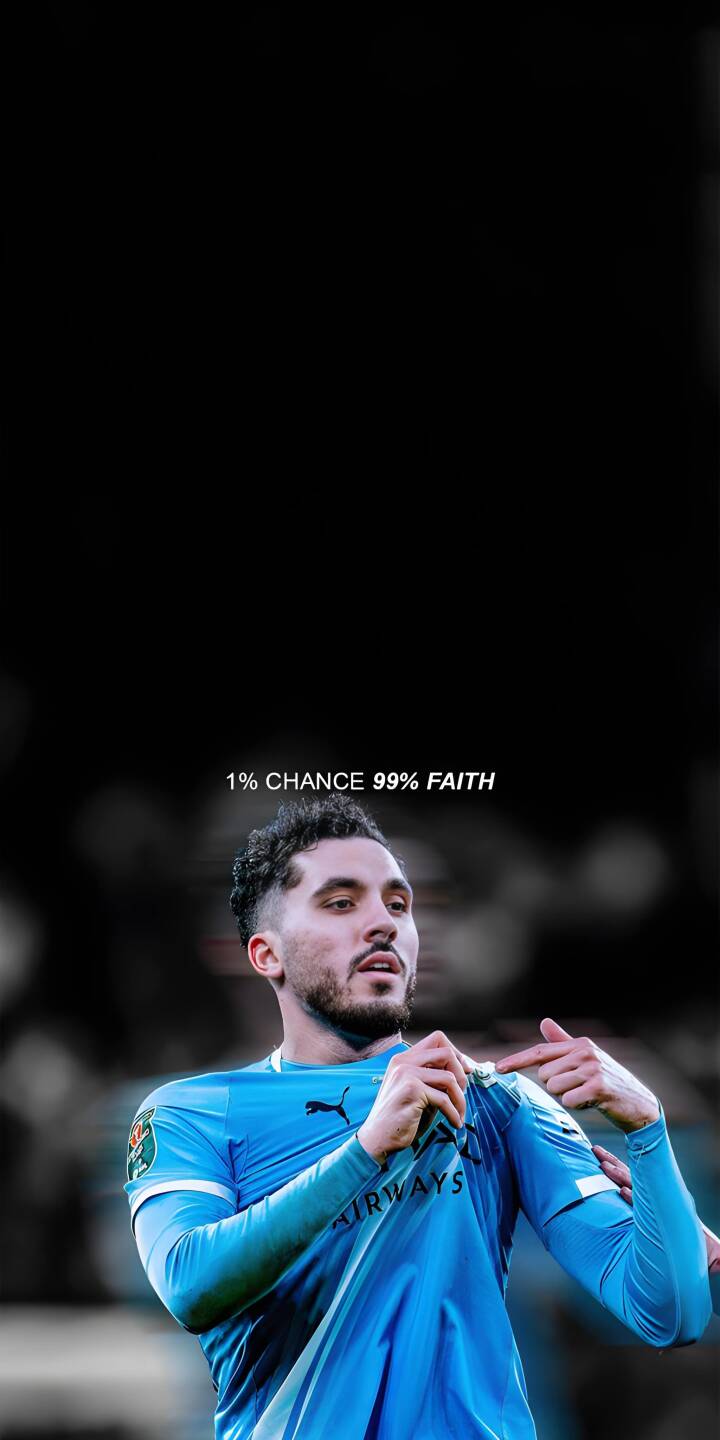 The inspiring text '1% CHANCE 99% FAITH' floats above Riyad Mahrez in his iconic sky-blue jersey, creating a powerful 4K wallpaper for iPhone. This compelling wallpaper captures Mahrez with a focused expression, ideal for any fan's mobile screen. | sports motivation iphone wallpaper manchester city mobile footballer 4k wallpaper hd wallpaper faith quote mahrez riyad mahrez The inspiring text '1% CHANCE 99% FAITH' floats above Riyad Mahrez in his iconic sky-blue jersey, creating a powerful 4K wallpaper for iPhone. This compelling wallpaper captures Mahrez with a focused expression, ideal for any fan's mobile screen.