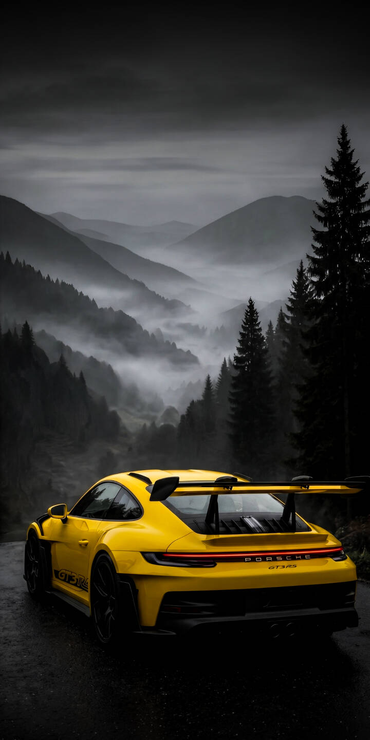 The vibrant yellow Porsche GT3 RS sharply contrasts against the moody, mist-shrouded mountain landscape, making this a striking 4K wallpaper. This captivating wallpaper is perfect for iPhone, showcasing the luxurious sports car on a damp forest road among dark pine trees. | car sports car iphone porsche mountains wallpaper mobile gt3 rs 4k wallpaper hd wallpaper automotive misty The vibrant yellow Porsche GT3 RS sharply contrasts against the moody, mist-shrouded mountain landscape, making this a striking 4K wallpaper. This captivating wallpaper is perfect for iPhone, showcasing the luxurious sports car on a damp forest road among dark pine trees.