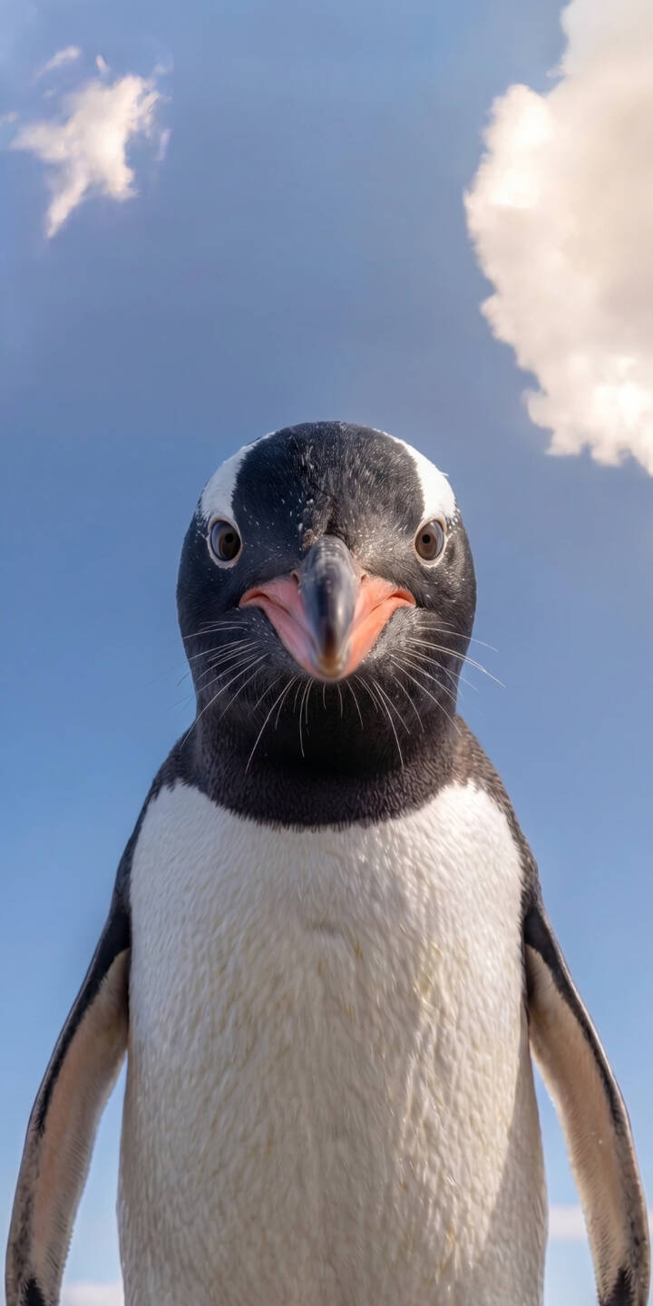 A curious Gentoo penguin stares directly into the camera, its vibrant orange beak and distinctive white head stripe prominent against a backdrop of clear blue sky and fluffy white clouds. This striking 4K close-up makes for an adorable iPhone wallpaper, bringing a touch of nature's charm to your screen. | animal cute iphone nature wallpaper blue sky mobile penguin 4k wallpaper hd wallpaper wildlife gentoo penguin A curious Gentoo penguin stares directly into the camera, its vibrant orange beak and distinctive white head stripe prominent against a backdrop of clear blue sky and fluffy white clouds. This striking 4K close-up makes for an adorable iPhone wallpaper, bringing a touch of nature's charm to your screen.