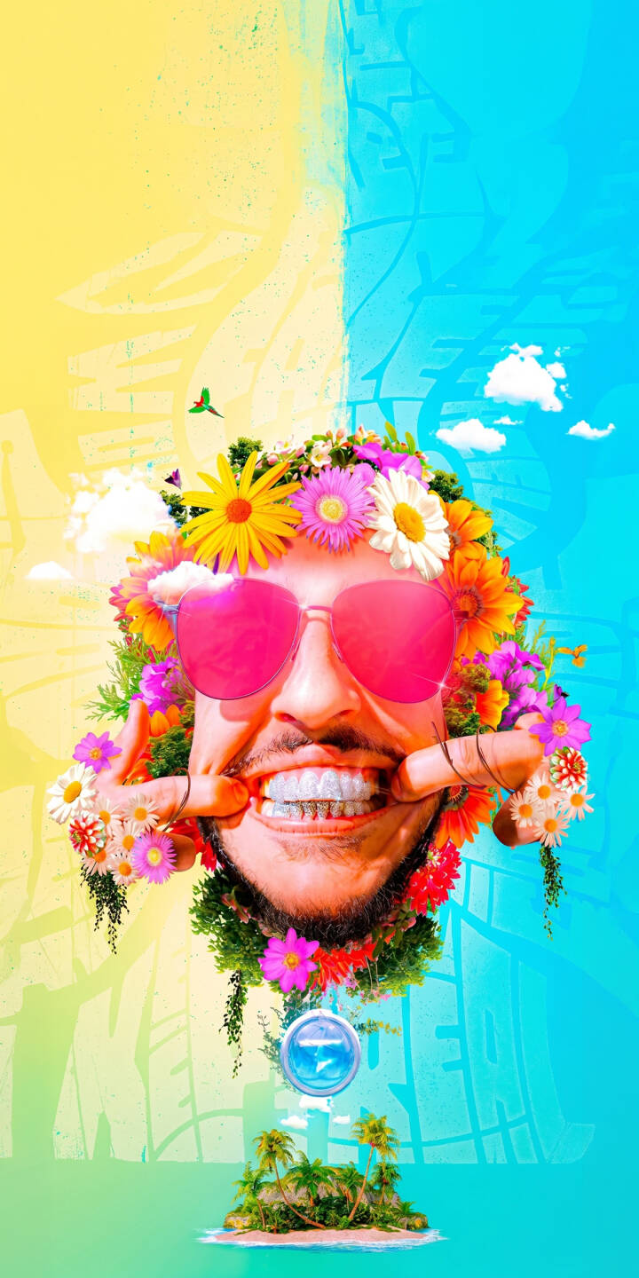 Pink heart-shaped sunglasses gleam over a wide, cheshire-cat grin, framed by a riot of colorful flowers, making this a truly unique 4K wallpaper. This vibrant composite wallpaper, split against a sunny yellow and sky blue background with a tiny island below, is perfect for your iPhone. | smile sunglasses collage colorful summer iphone wallpaper vibrant mobile floral 4k wallpaper hd wallpaper Pink heart-shaped sunglasses gleam over a wide, cheshire-cat grin, framed by a riot of colorful flowers, making this a truly unique 4K wallpaper. This vibrant composite wallpaper, split against a sunny yellow and sky blue background with a tiny island below, is perfect for your iPhone.
