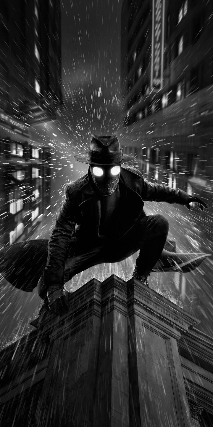 Glowing white eyes pierce through the dark rain as Spider-Man Noir crouches vigilantly on a grimy rooftop in this gritty 4K monochrome wallpaper, making for an intense iPhone wallpaper experience. | marvel spiderman iphone wallpaper mobile spiderverse 4k wallpaper hd wallpaper monochrome gritty spider-man noir Glowing white eyes pierce through the dark rain as Spider-Man Noir crouches vigilantly on a grimy rooftop in this gritty 4K monochrome wallpaper, making for an intense iPhone wallpaper experience.