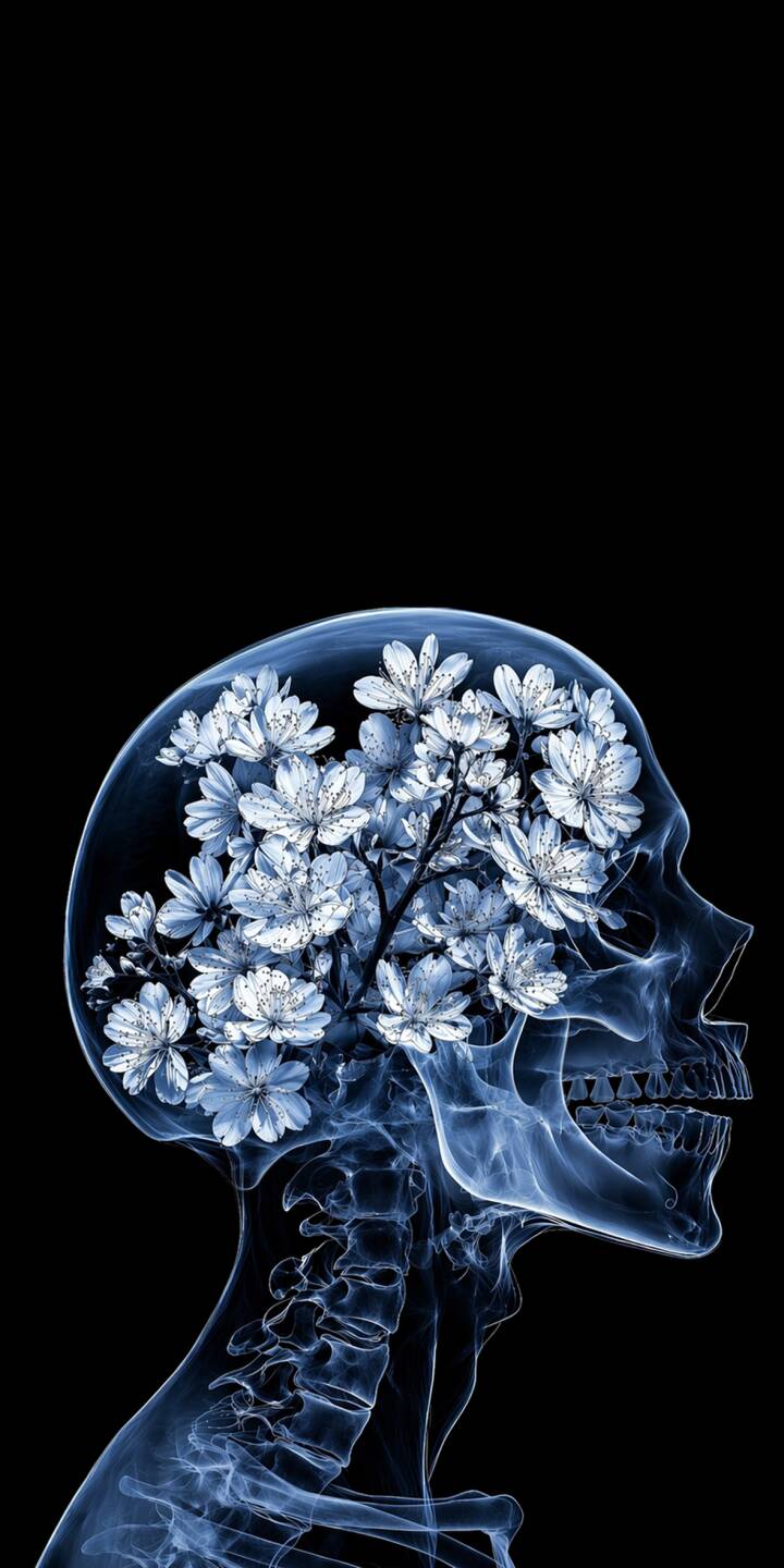 A luminous blue x-ray visual of a human skull in profile reveals a burst of delicate white blossoms within its cranial cavity, creating a truly unique and captivating 4K wallpaper. This thought-provoking and surreal wallpaper for iPhone beautifully merges biological form with floral beauty. | aesthetic flowers dark blossom skull iphone wallpaper mobile 4k wallpaper hd wallpaper x-ray surreal A luminous blue x-ray visual of a human skull in profile reveals a burst of delicate white blossoms within its cranial cavity, creating a truly unique and captivating 4K wallpaper. This thought-provoking and surreal wallpaper for iPhone beautifully merges biological form with floral beauty.