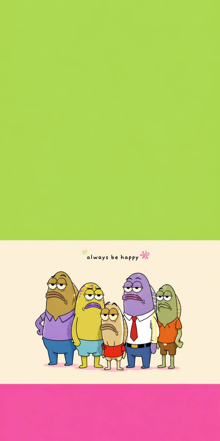 Five distinctively grumpy fish characters, displaying tired and bored expressions, stand ironically beneath the "always be happy" text in this vibrant 4K wallpaper. This amusing and colorful wallpaper offers a unique visual contrast, perfect for a cheerful yet relatable iPhone lock screen. | cartoon funny spongebob colorful iphone wallpaper animation mobile 4k wallpaper hd wallpaper ironic grumpy fish Five distinctively grumpy fish characters, displaying tired and bored expressions, stand ironically beneath the "always be happy" text in this vibrant 4K wallpaper. This amusing and colorful wallpaper offers a unique visual contrast, perfect for a cheerful yet relatable iPhone lock screen.