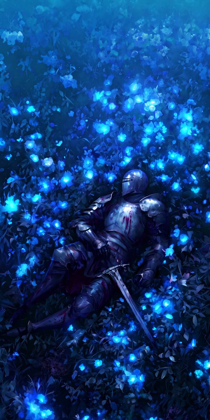Glowing blue flowers illuminate a fallen knight, his armor bearing faint crimson, as he rests amidst a mysterious field in this atmospheric 4K wallpaper. This stunning visual makes a perfect iPhone wallpaper for fantasy and dark aesthetic fans. | aesthetic knight iphone wallpaper mobile glowing 4k wallpaper hd wallpaper blue flowers fallen knight dark fantasy fantasy knight Glowing blue flowers illuminate a fallen knight, his armor bearing faint crimson, as he rests amidst a mysterious field in this atmospheric 4K wallpaper. This stunning visual makes a perfect iPhone wallpaper for fantasy and dark aesthetic fans.