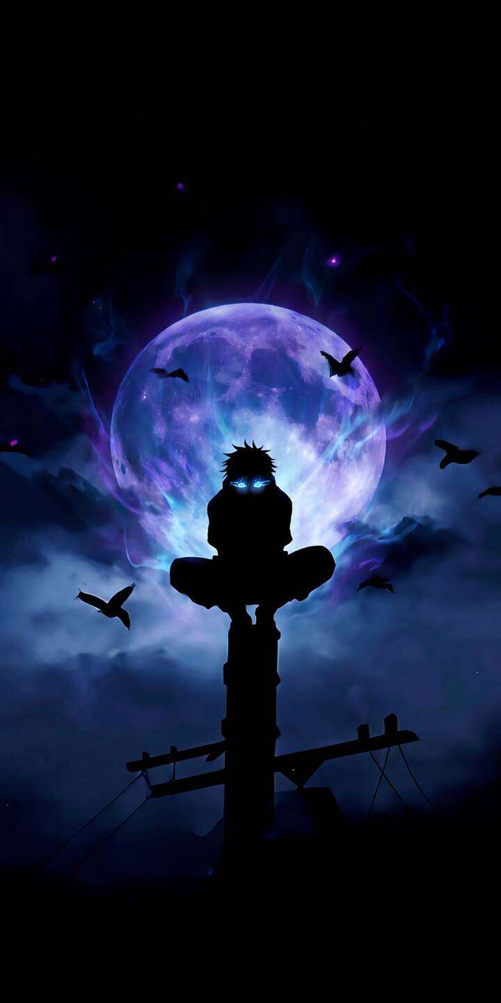 The silhouetted figure's piercing blue eyes glow intensely against a vibrant, swirling purple moon in this captivating 4K wallpaper — a must-have nocturnal scene wallpaper for your iPhone. | dark night moon anime iphone fantasy wallpaper silhouette mobile 4k wallpaper hd wallpaper glowing eyes The silhouetted figure's piercing blue eyes glow intensely against a vibrant, swirling purple moon in this captivating 4K wallpaper — a must-have nocturnal scene wallpaper for your iPhone.