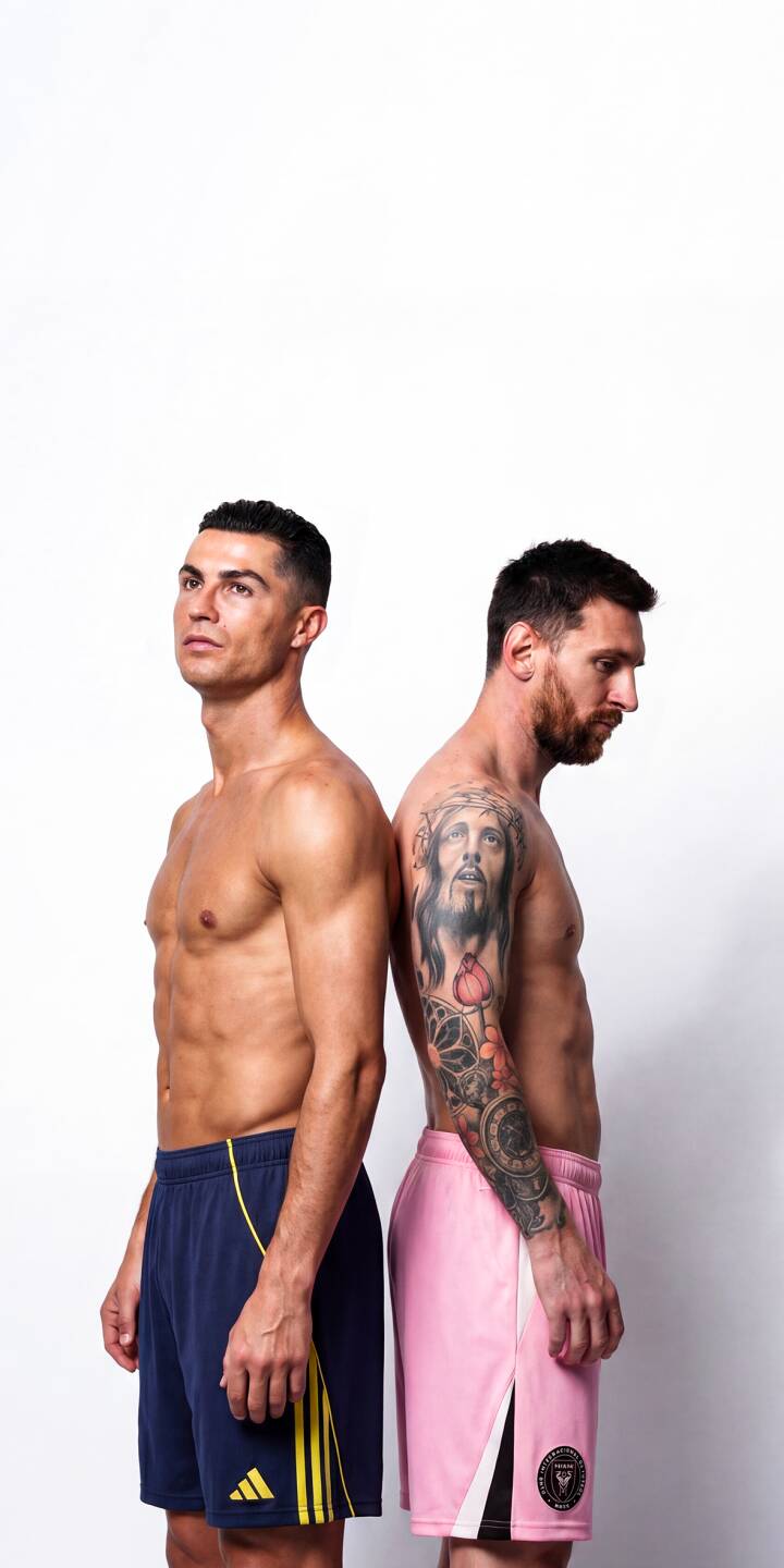 Ronaldo's focused gaze contrasts with Messi's pensive expression in this powerful 4K wallpaper, showcasing their iconic back-to-back stance — a must-have wallpaper for iPhone, featuring Messi's detailed arm tattoo and Ronaldo in blue Adidas shorts. | sports football iphone messi ronaldo wallpaper cristiano ronaldo lionel messi mobile 4k wallpaper hd wallpaper icons Ronaldo's focused gaze contrasts with Messi's pensive expression in this powerful 4K wallpaper, showcasing their iconic back-to-back stance — a must-have wallpaper for iPhone, featuring Messi's detailed arm tattoo and Ronaldo in blue Adidas shorts.