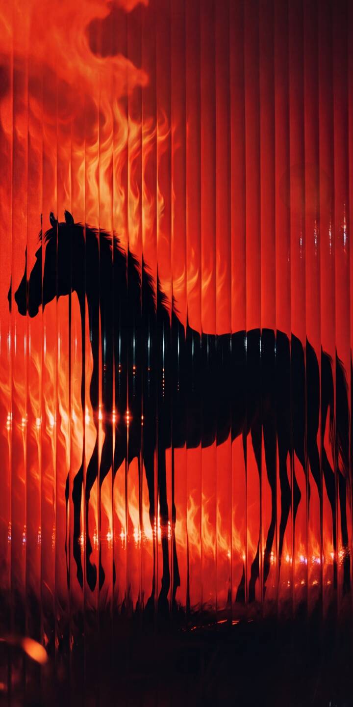 The vibrant, fiery red background engulfs a powerful horse silhouette, creating a stunning 4K wallpaper with unique vertical line distortions. This dynamic wallpaper for iPhone users captures the intense spirit of an equine on fire. | fire horse iphone dynamic wallpaper silhouette mobile flames 4k wallpaper hd wallpaper red aesthetic equine The vibrant, fiery red background engulfs a powerful horse silhouette, creating a stunning 4K wallpaper with unique vertical line distortions. This dynamic wallpaper for iPhone users captures the intense spirit of an equine on fire.