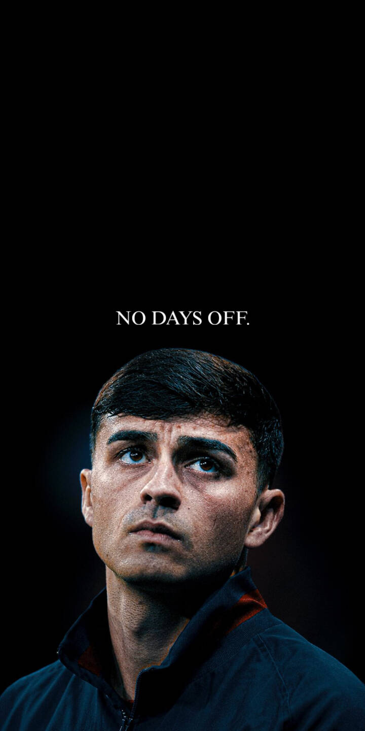 Pedri's intense, upward gaze captures a moment of unwavering focus, set against a stark black background with the bold text "NO DAYS OFF." This powerful 4K wallpaper is a perfect motivational wallpaper for iPhone, showcasing the determination of the football star. | football dark motivation iphone soccer barcelona wallpaper pedri mobile 4k wallpaper hd wallpaper no days off Pedri's intense, upward gaze captures a moment of unwavering focus, set against a stark black background with the bold text "NO DAYS OFF." This powerful 4K wallpaper is a perfect motivational wallpaper for iPhone, showcasing the determination of the football star.